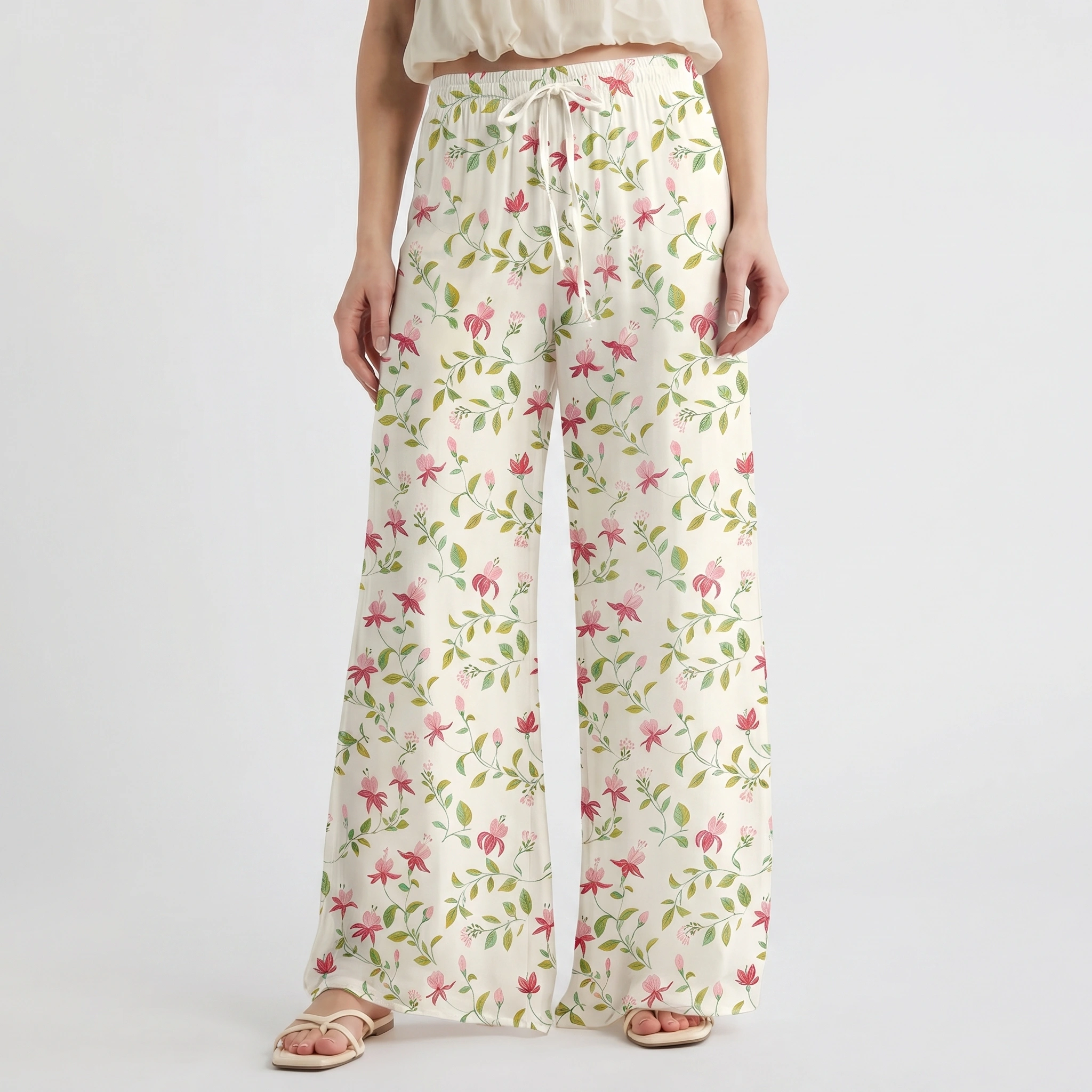  Boho Ruby Vine Wide Leg Tie Waist Pants With Pockets