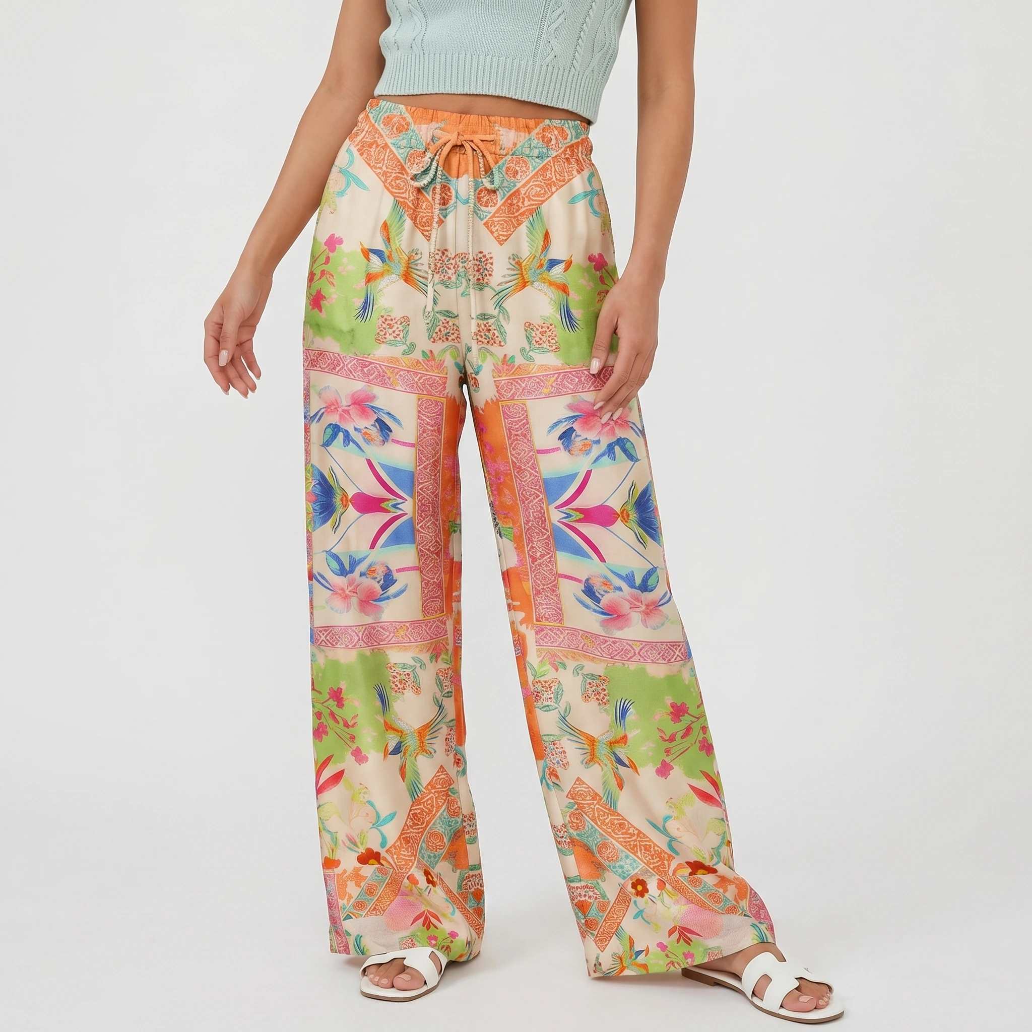  Boho Vivid Lily Wide Leg Tie Waist Pants With Pockets
