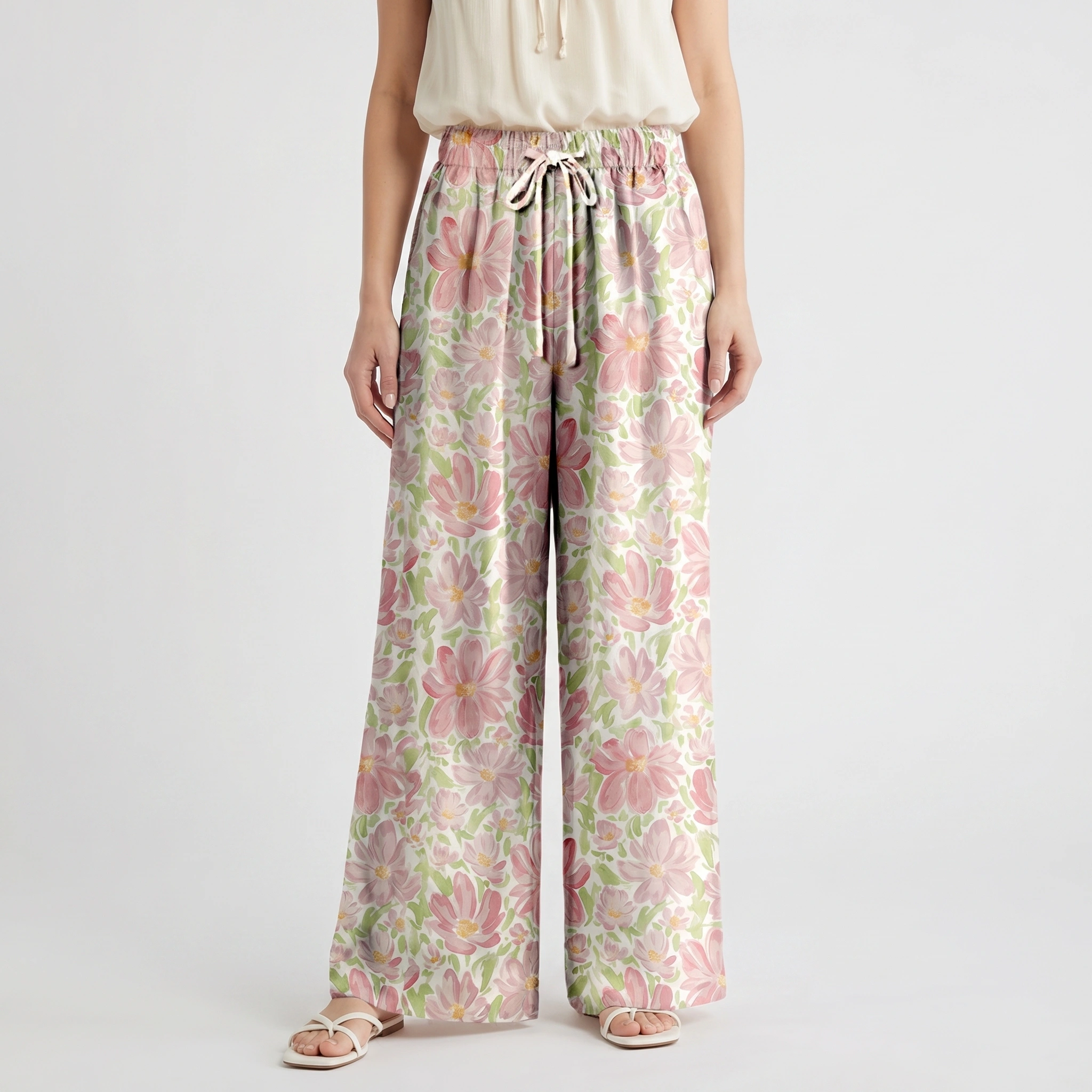  Boho Cosmos Flower Wide Leg Tie Waist Pants With Pockets