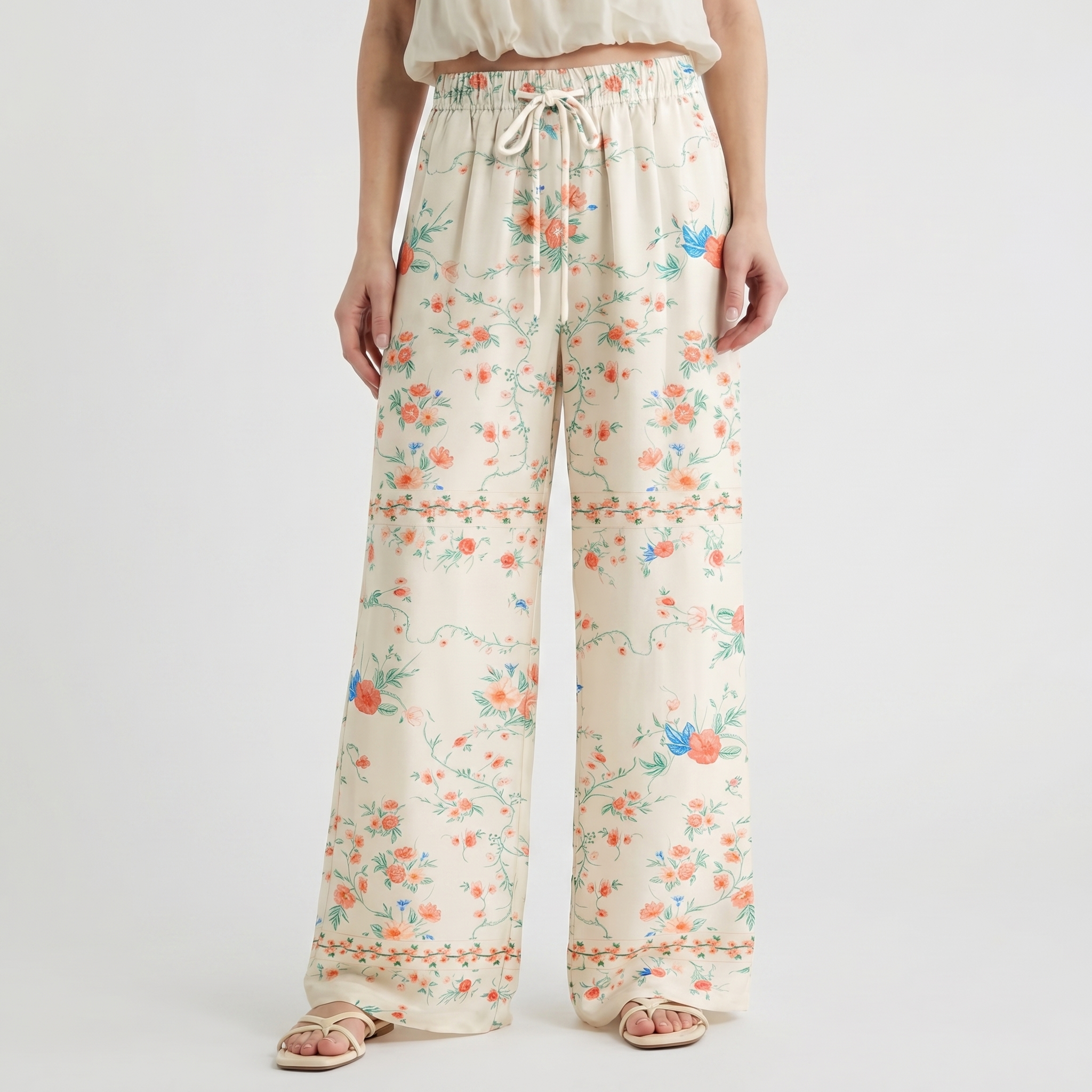  Boho Wild Bloom Wide Leg Tie Waist Pants With Pockets