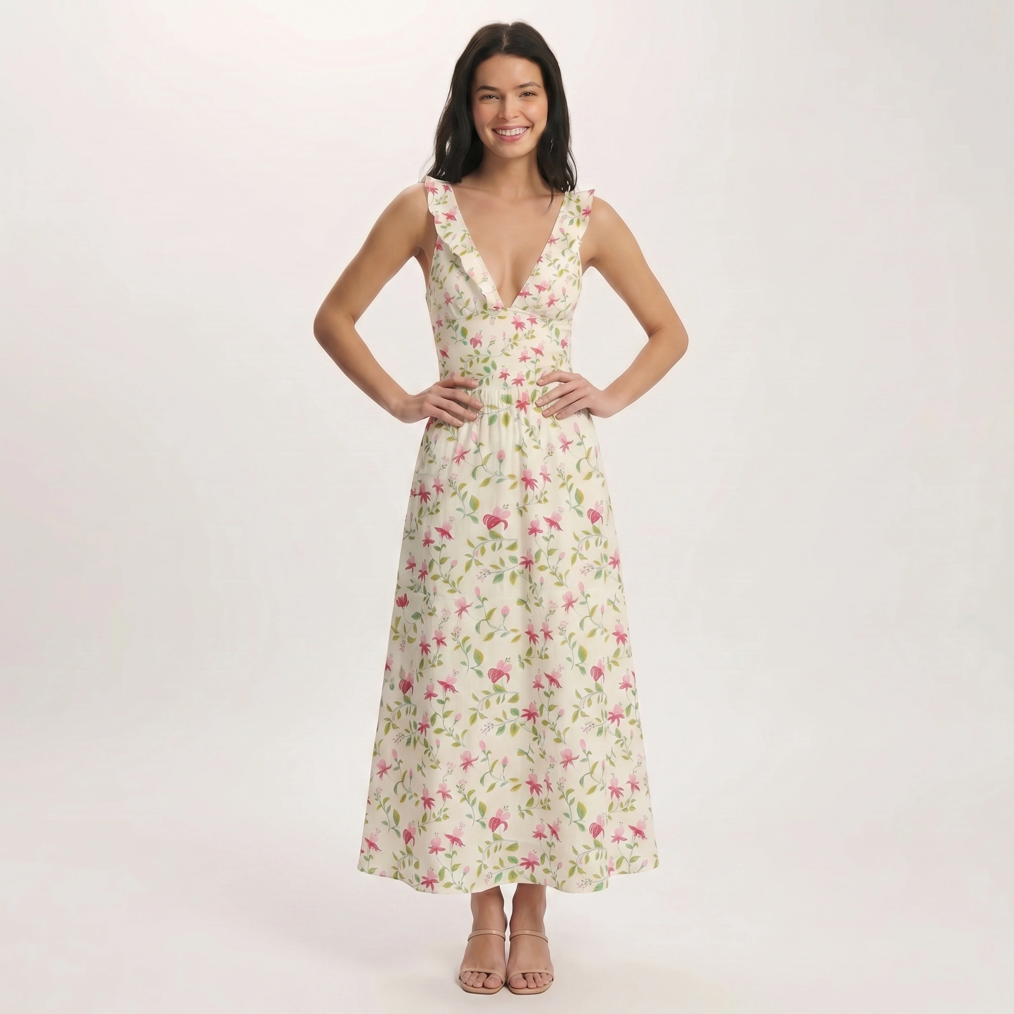 Ruby Vine Ruffled V Neck One Piece Swimsuit and Matching Midi Skirt Set