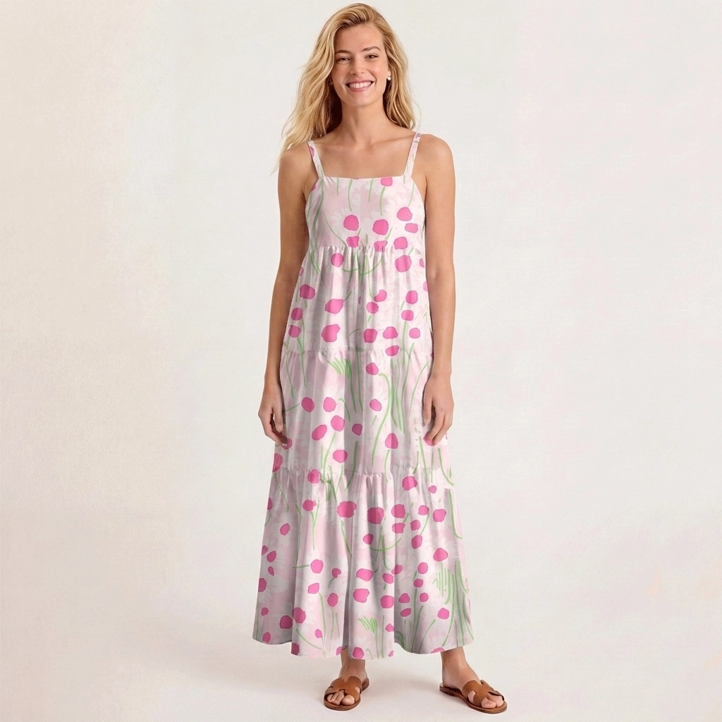 Square Neck Pink Daisy Print Slip Dress