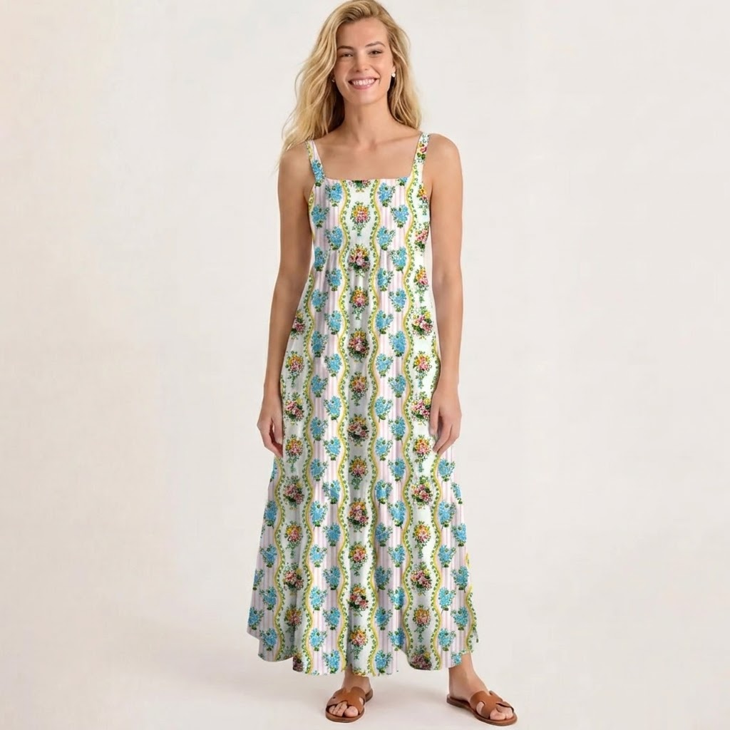 Square Neck Vintage Bouquet Rose Print Slip Dress