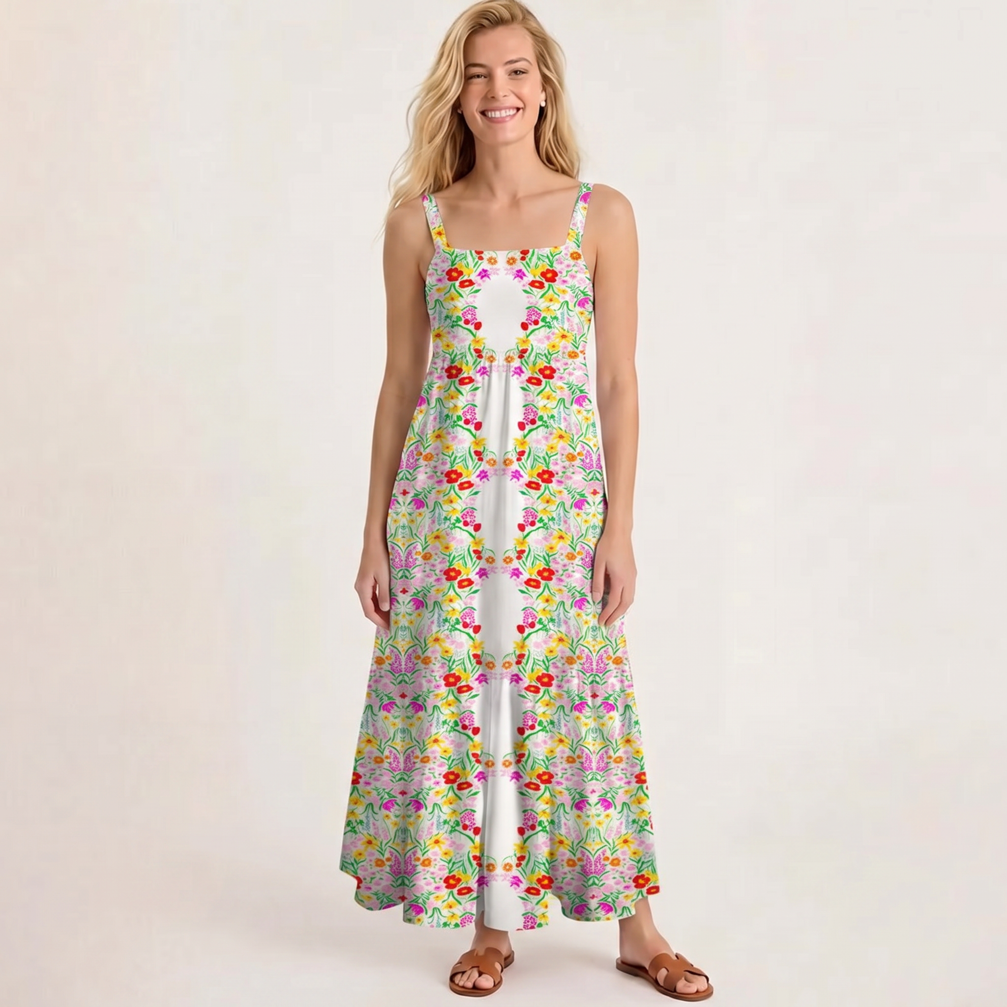 Square Neck Elegant Garden Print Slip Dress