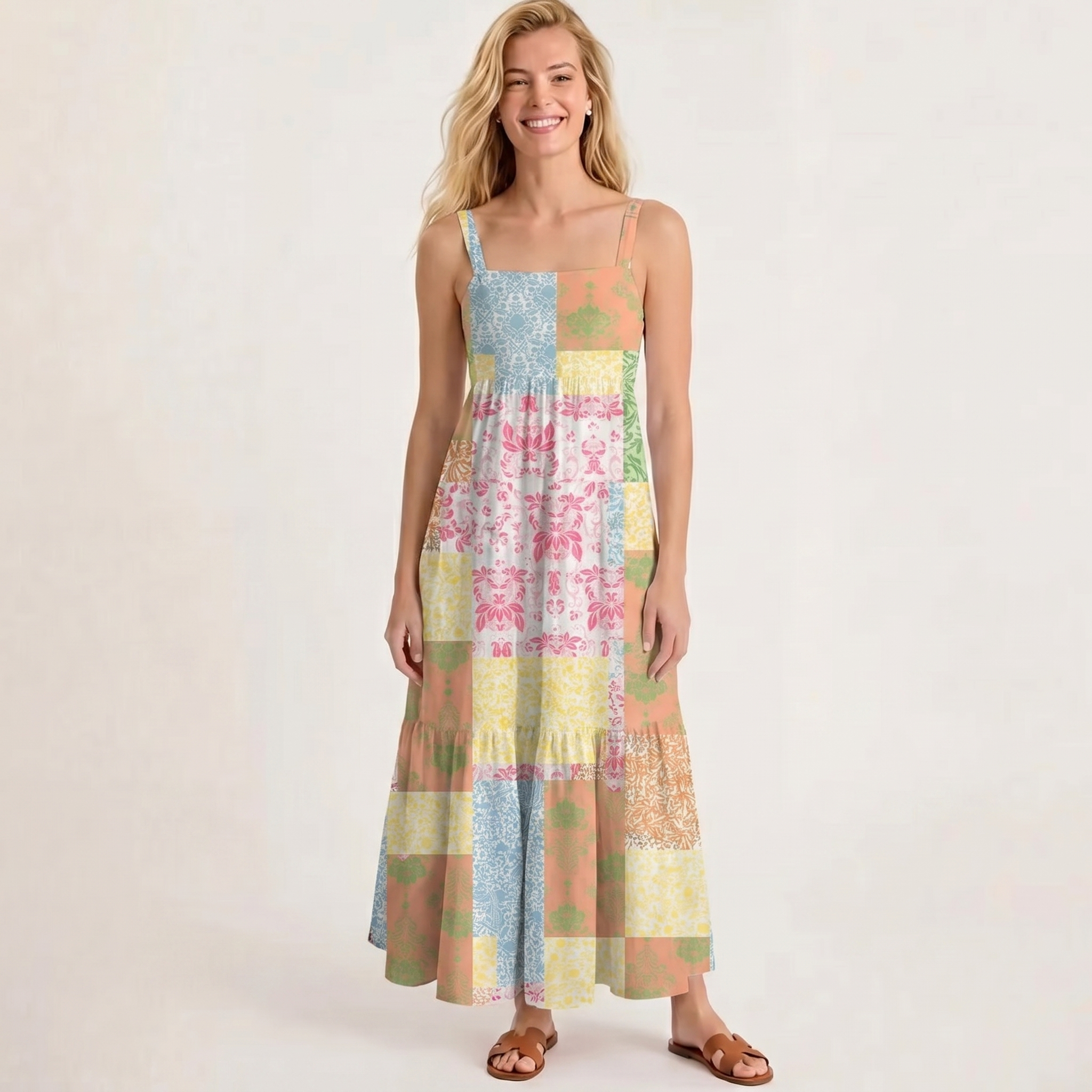 Square Neck Morning Patch Print Slip Dress