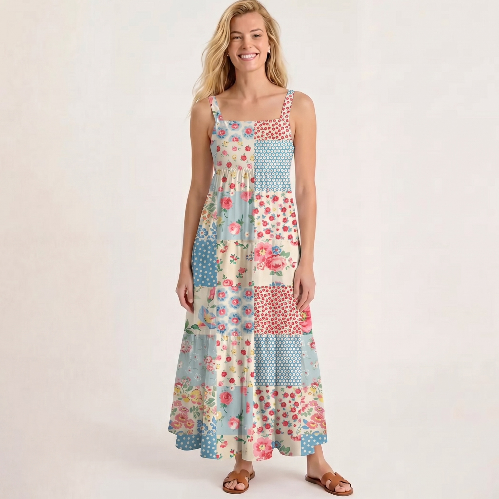Square Neck Pastel Patc Print Slip Dress