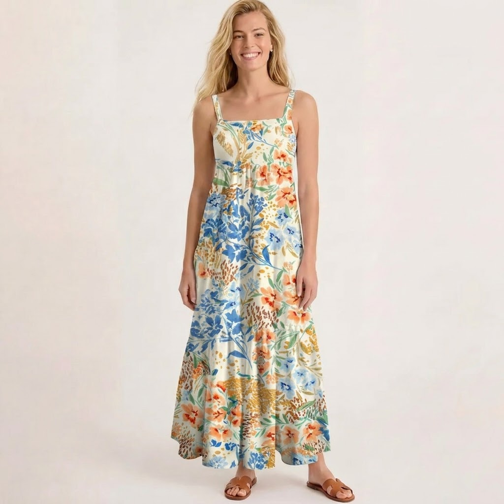 Square Neck Breeze Meadow Print Slip Dress