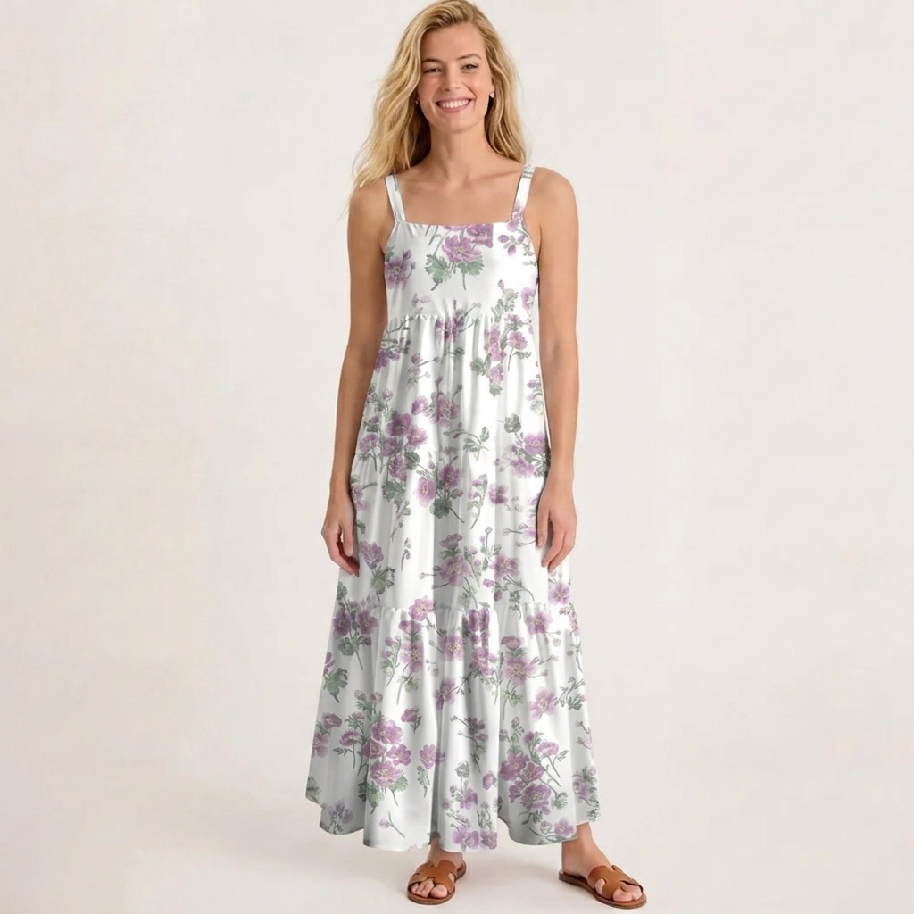 Square Neck Lavender Field Whisper Print Slip Dress