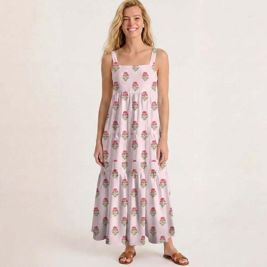Square Neck Misty Rose Garden Print Slip Dress