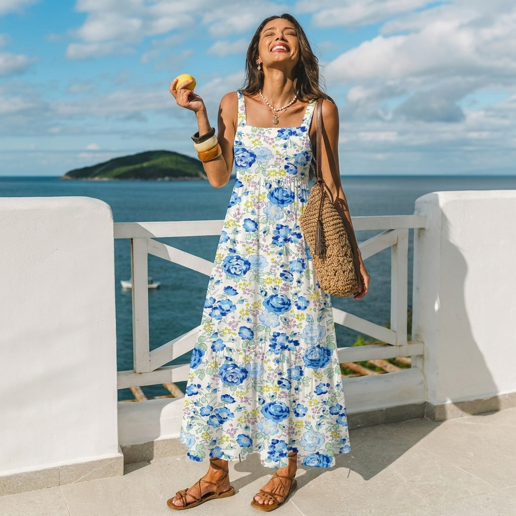 Square Neck Blue Rose Floral Print Slip Dress