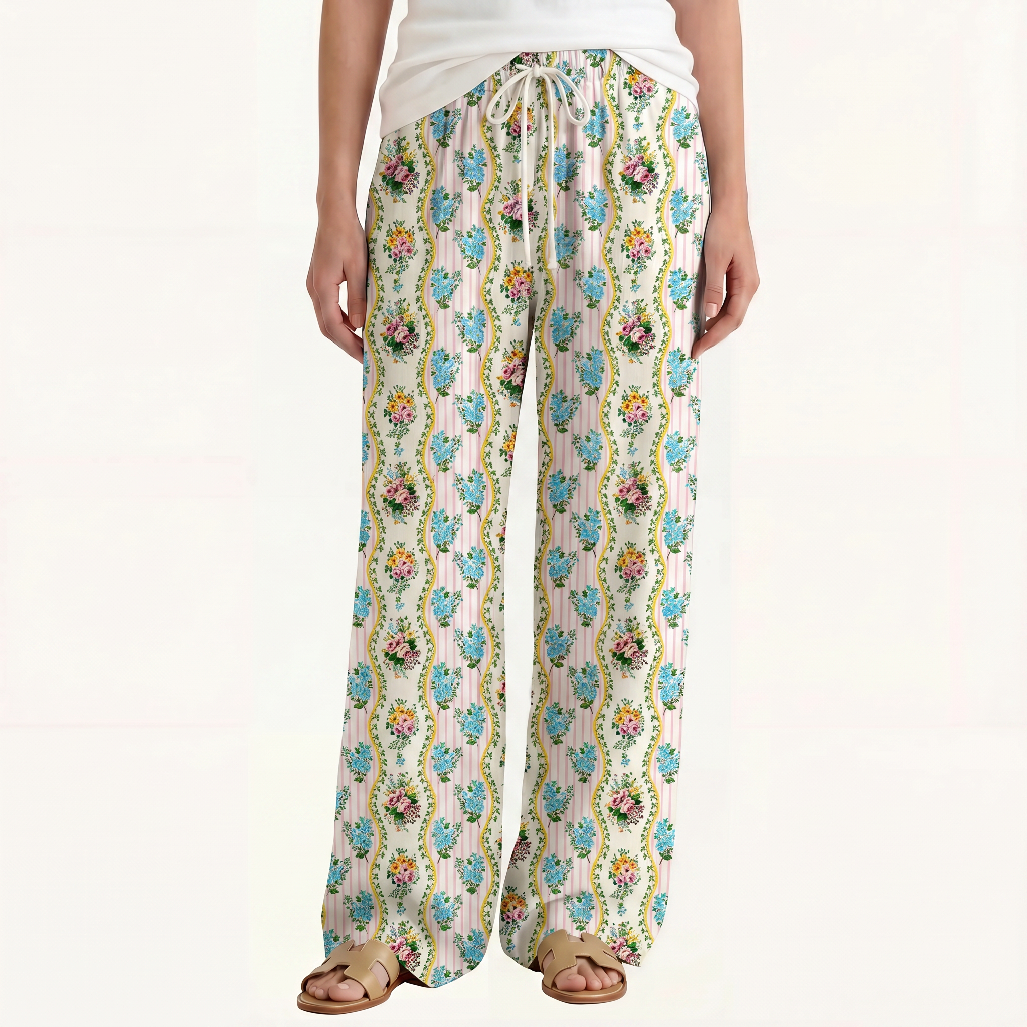  Boho Vintage Bouquet Rose Wide Leg Tie Waist Pants With Pockets