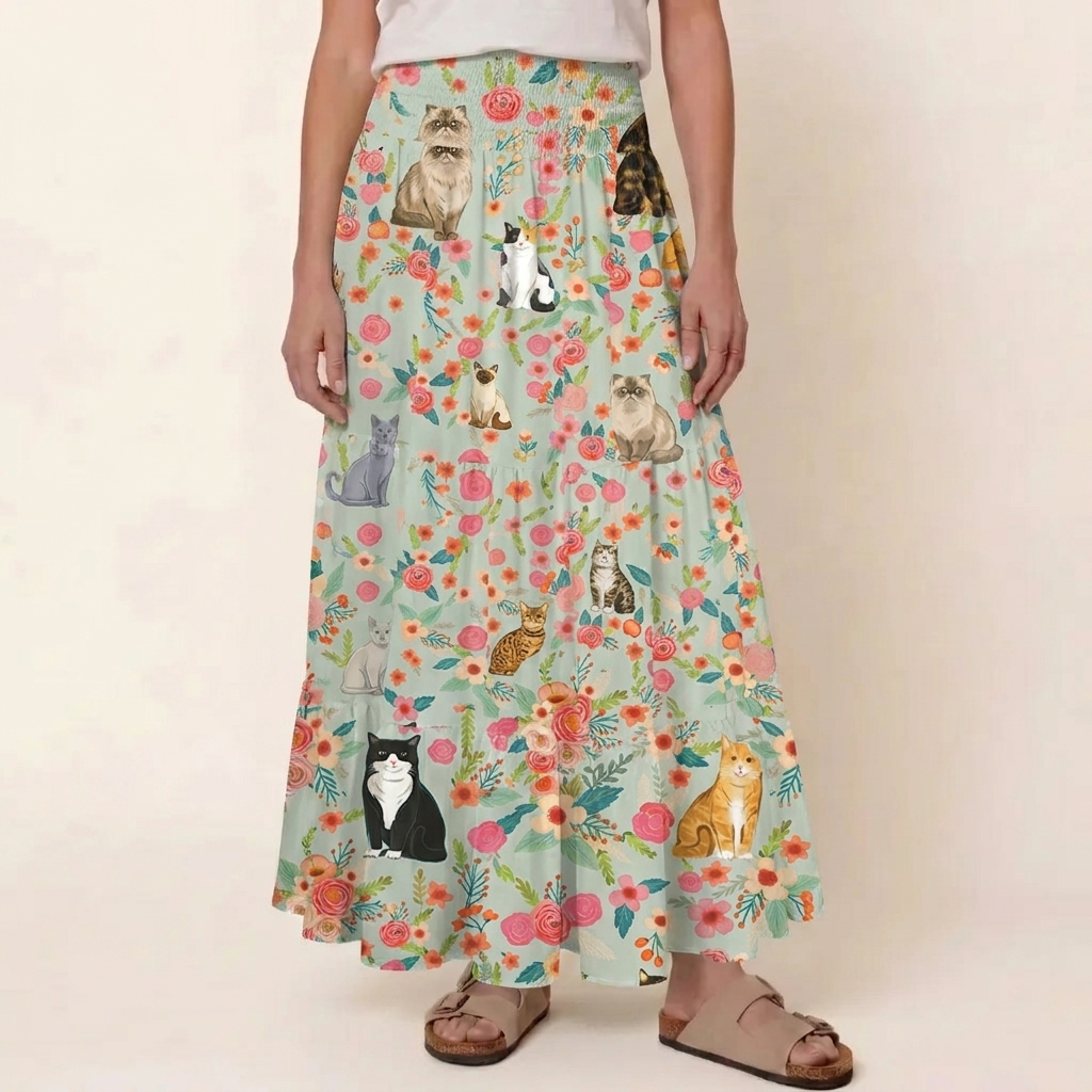 Flower Cat Print Maxi Skirt