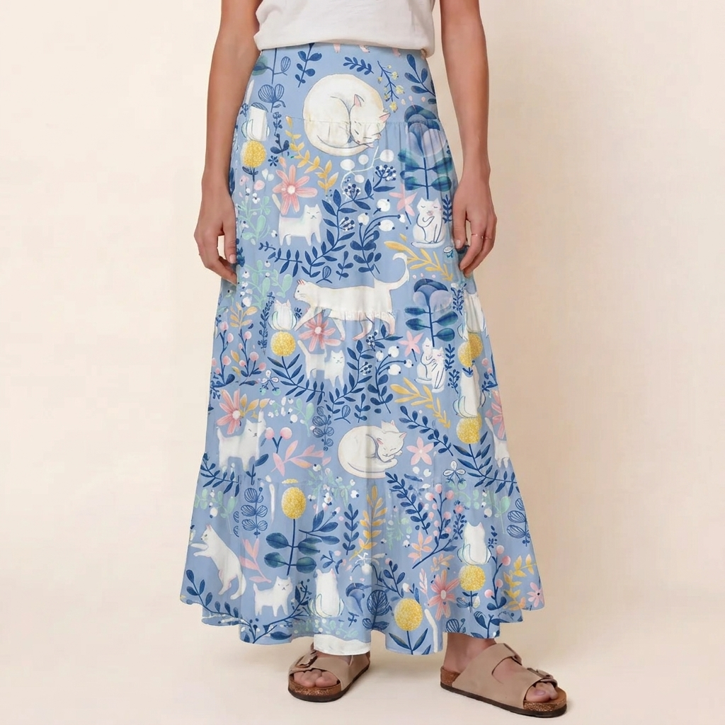 Blue Leaf Cat Print Maxi Skirt