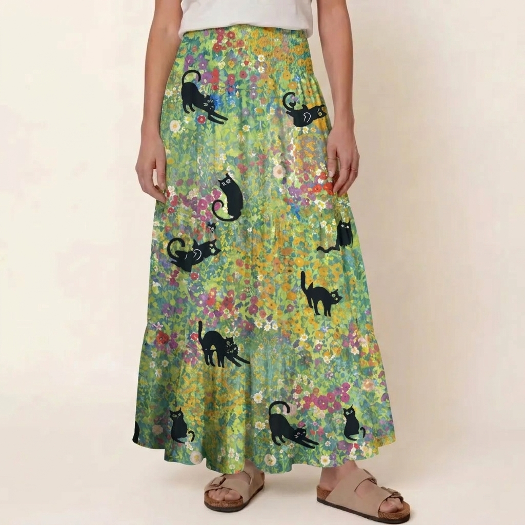 Wildflower Garden Black Cat Print Maxi Skirt