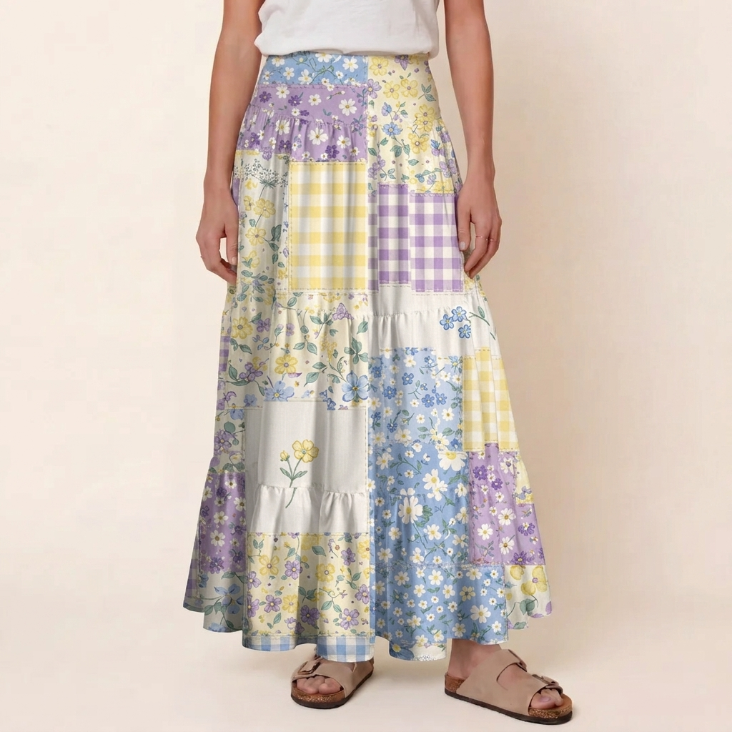 Floral Meadow Patchwork Print Maxi Skirt