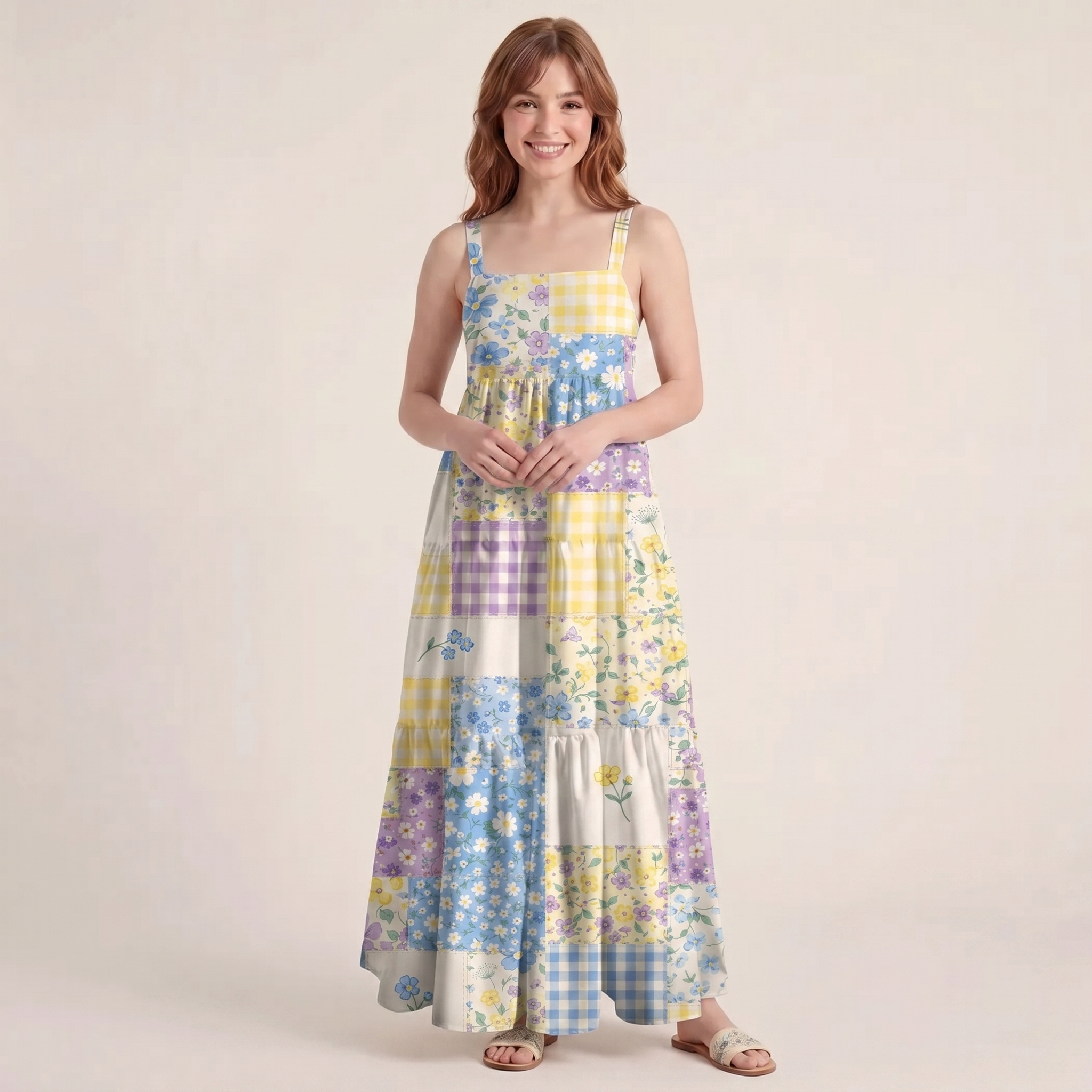 Square Neck Floral Meadow Patchwork Print Slip Dress