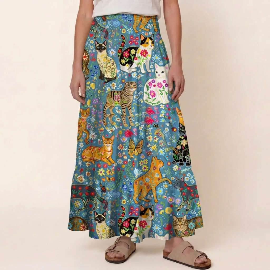 Colorful Garden Cat Print Maxi Skirt