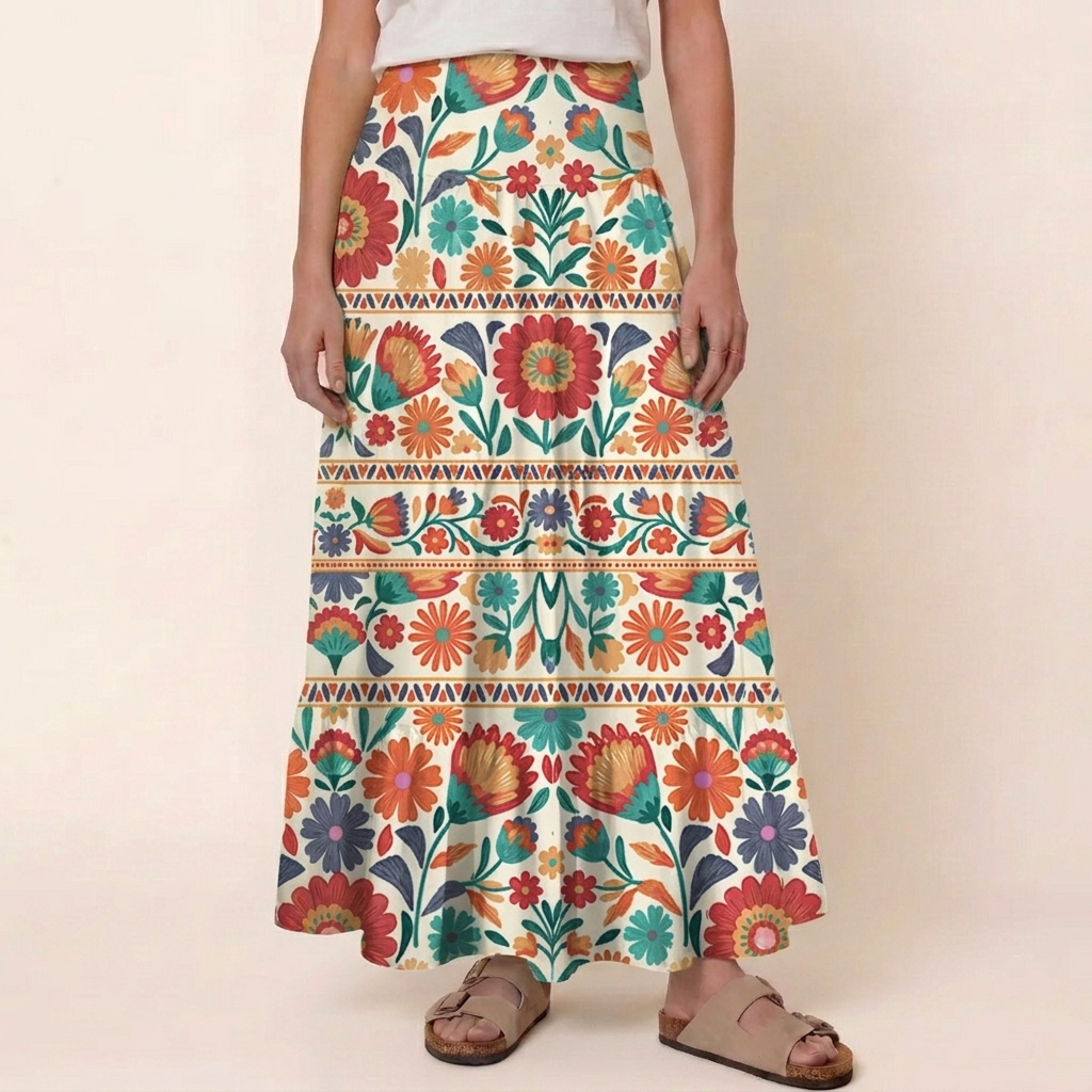 Bohemian Folk Floral Stripe Print Maxi Skirt