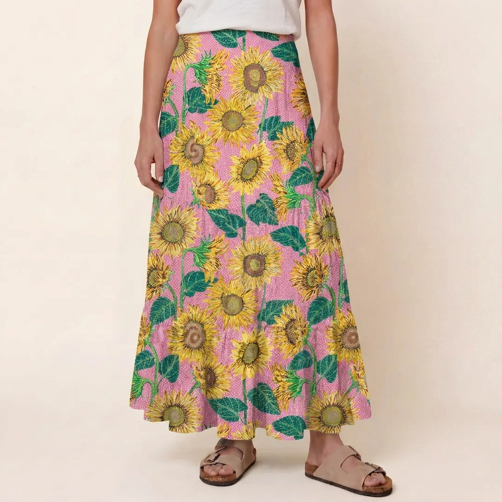 Vibrant Sunflower Floral Print Maxi Skirt