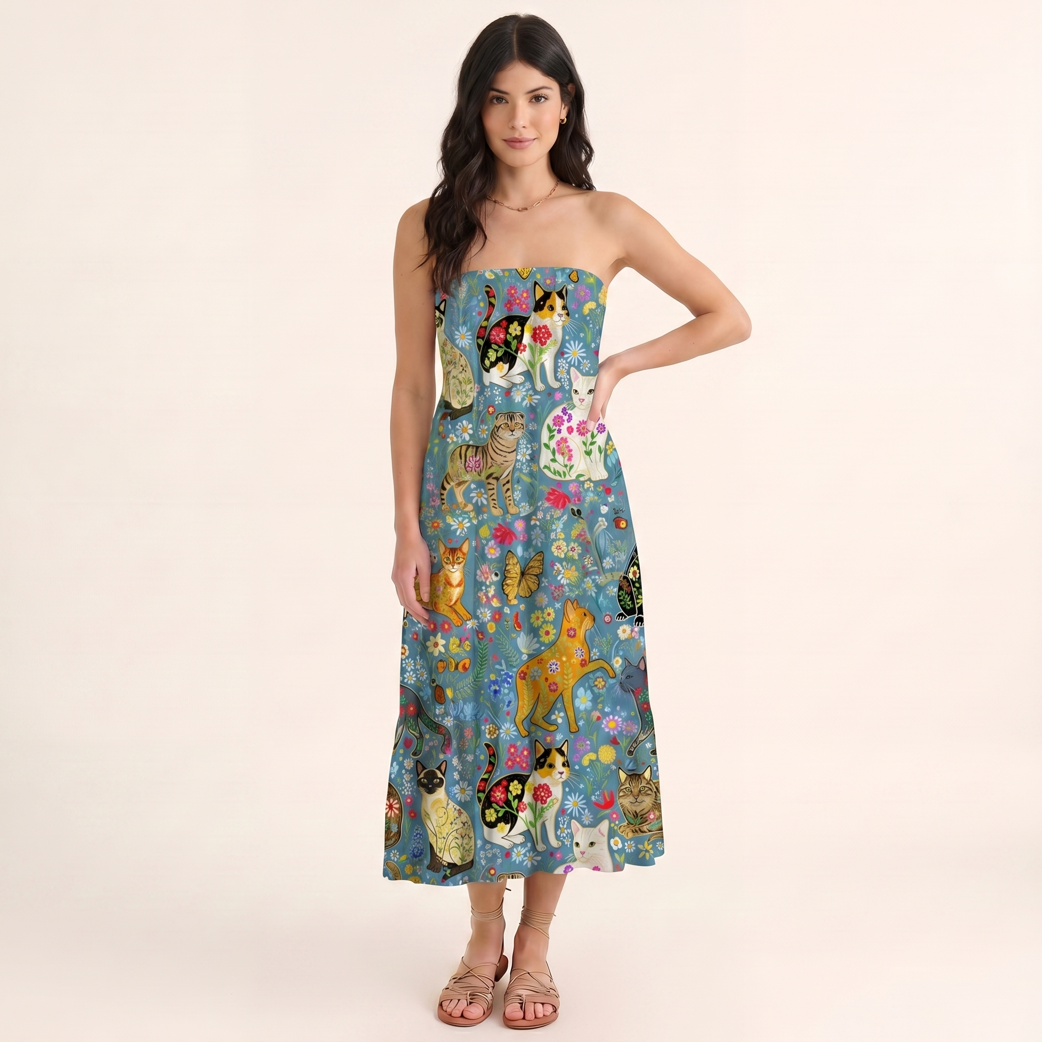 Colorful Garden Cat Print Maxi Skirt
