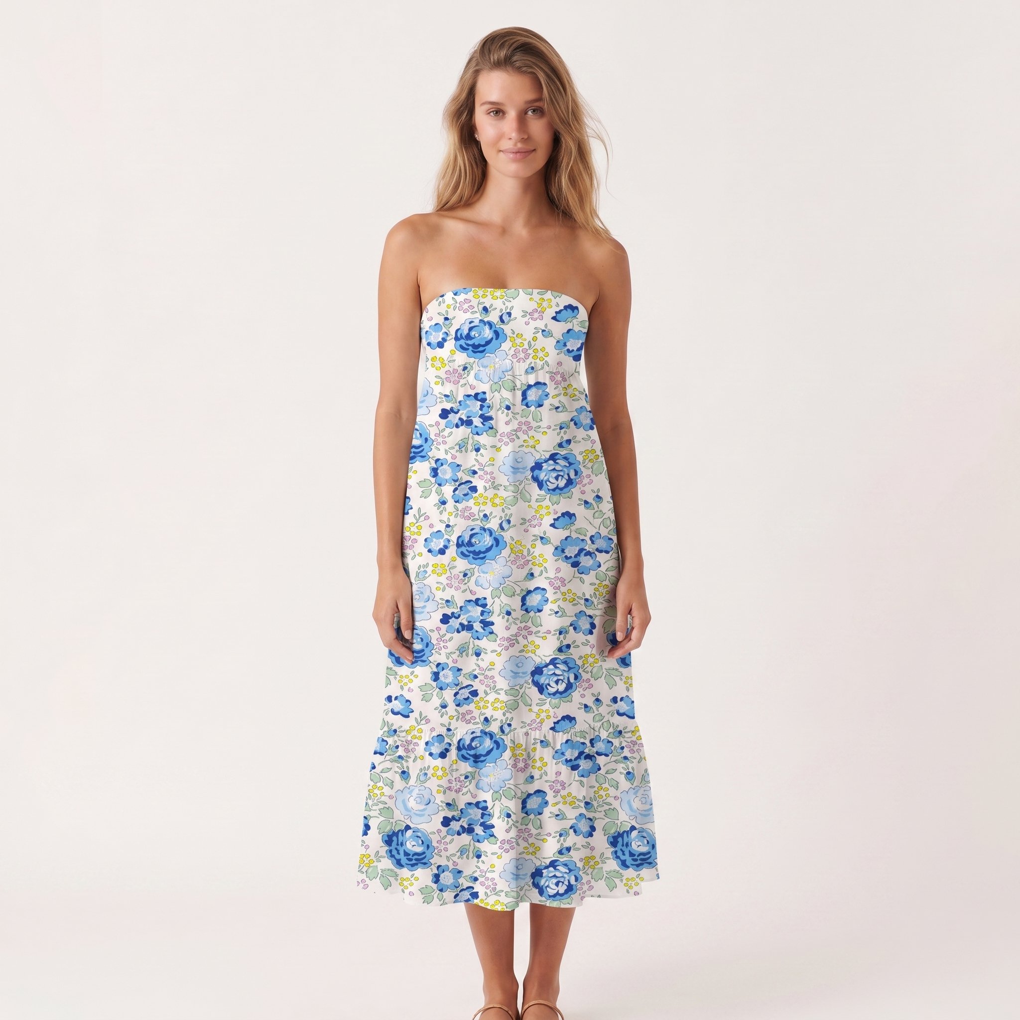 Blue Rose Floral Print Convertible Maxi Skirt & Strapless Dress  