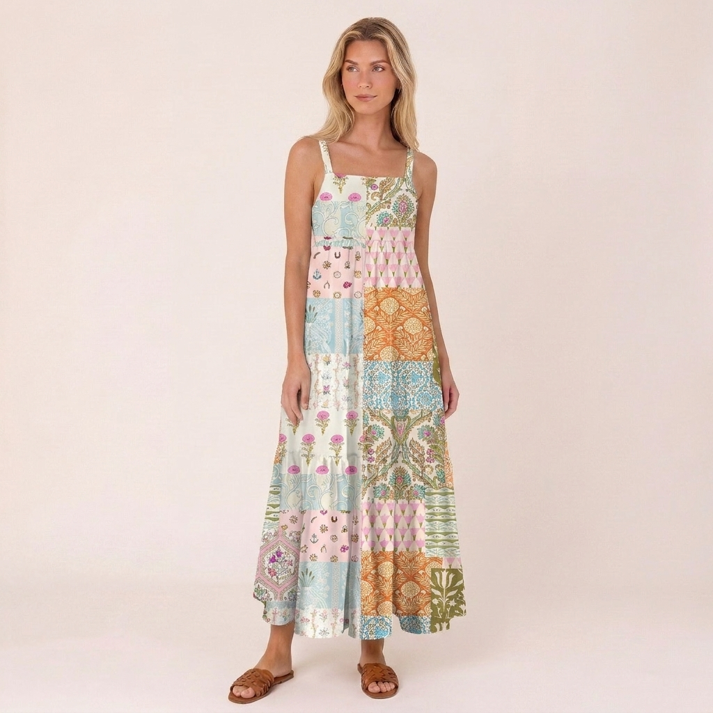 Timeless Floral Patchwork Wide Straps Maxi Dress With Pockets
