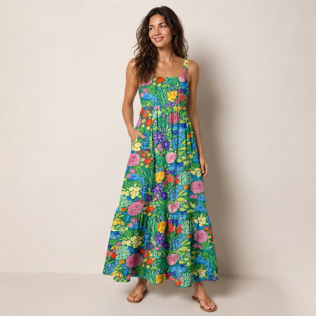  Floral Rainbows Print Wide Straps Maxi Dress With Pockets