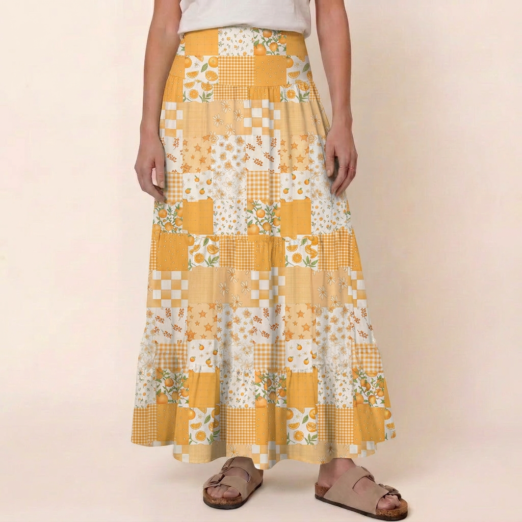 Lemon Sunshine Patchwork Print Convertible Maxi Skirt & Strapless Dress  