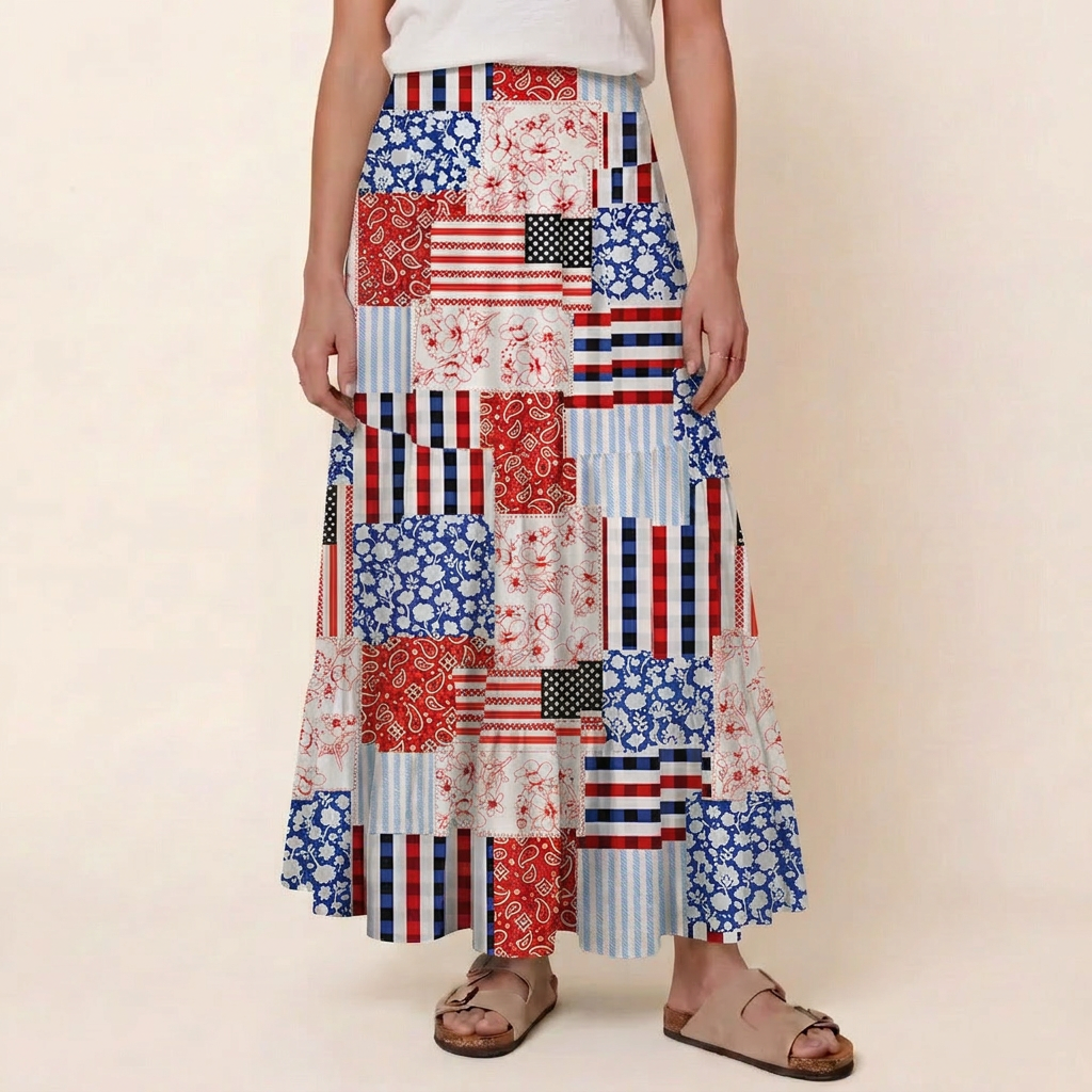 Patriotic Patchwork Quilt Print Convertible Maxi Skirt & Strapless Dress  