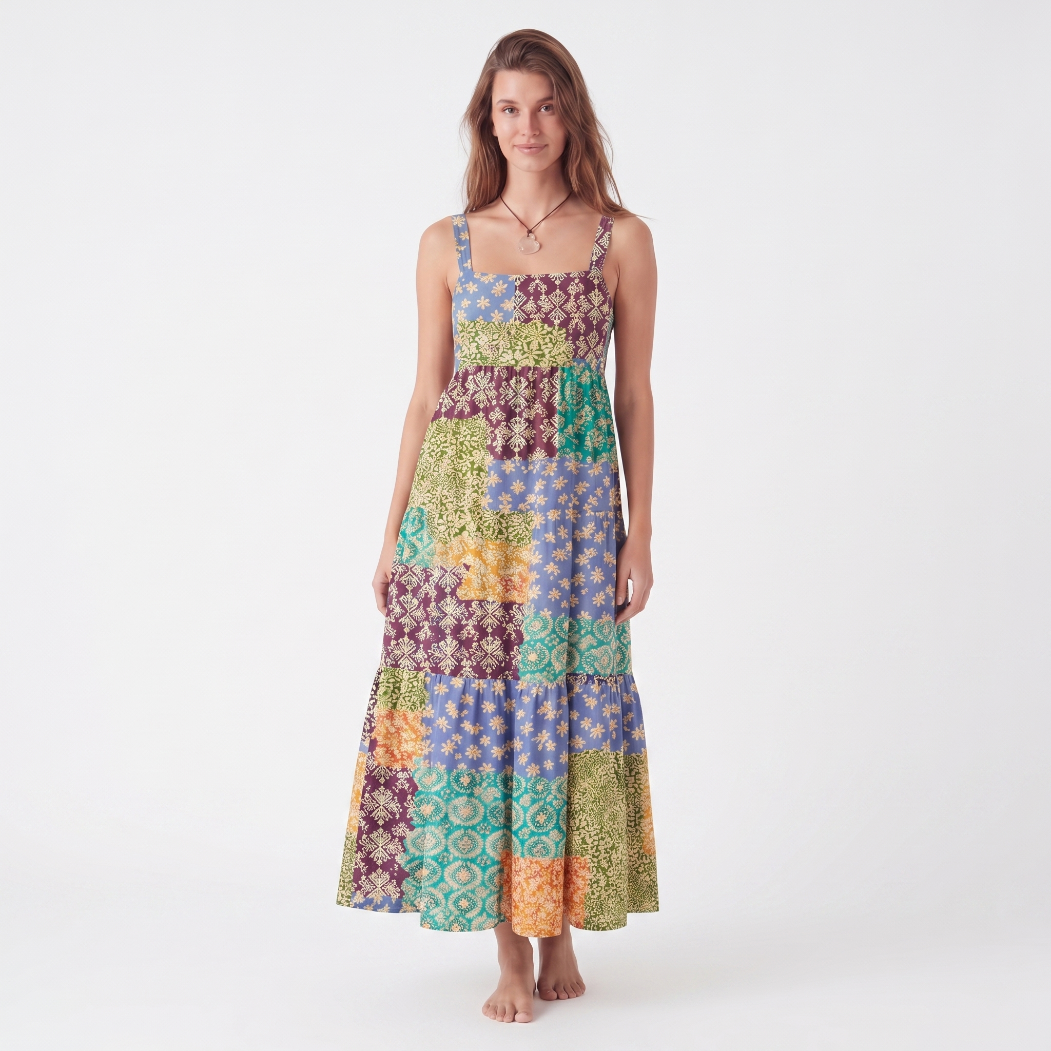 Vintage Patchwork Print Wide Straps Maxi Dress With Pockets