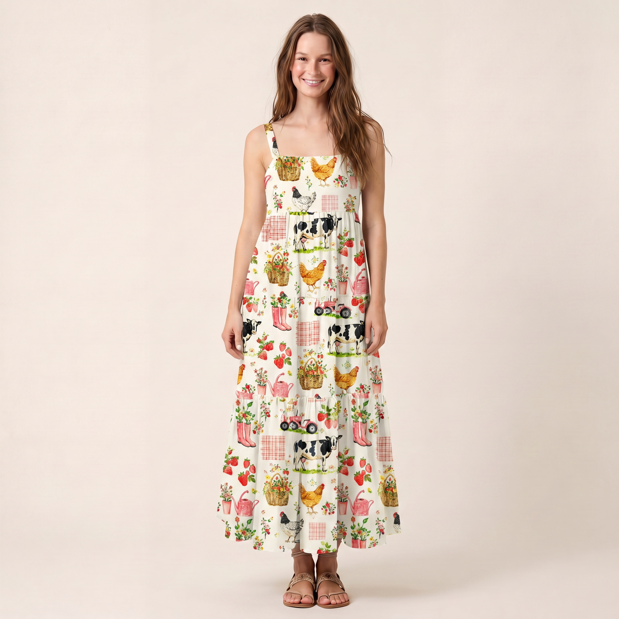 Watercolor Pink Farm Chicken Print Wide Straps Maxi Dress With Pockets