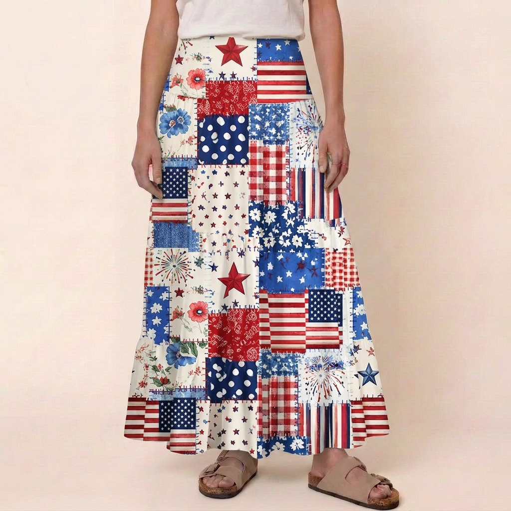 Rustic Americana Patchwork Print Convertible Maxi Skirt & Strapless Dress  