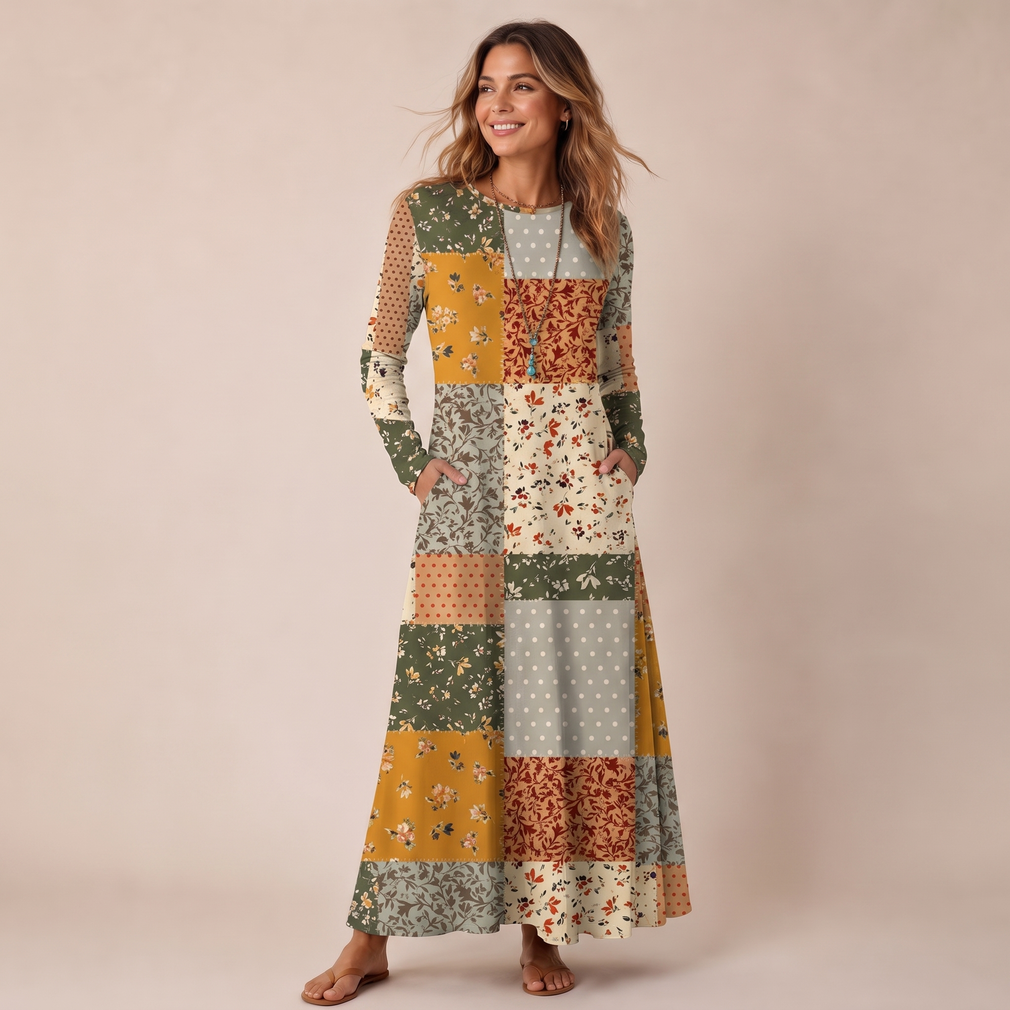Rustic Floral Patchwork Print Soft-Touch Stretch Knit Long Sleeve Maxi Dress with Pockets