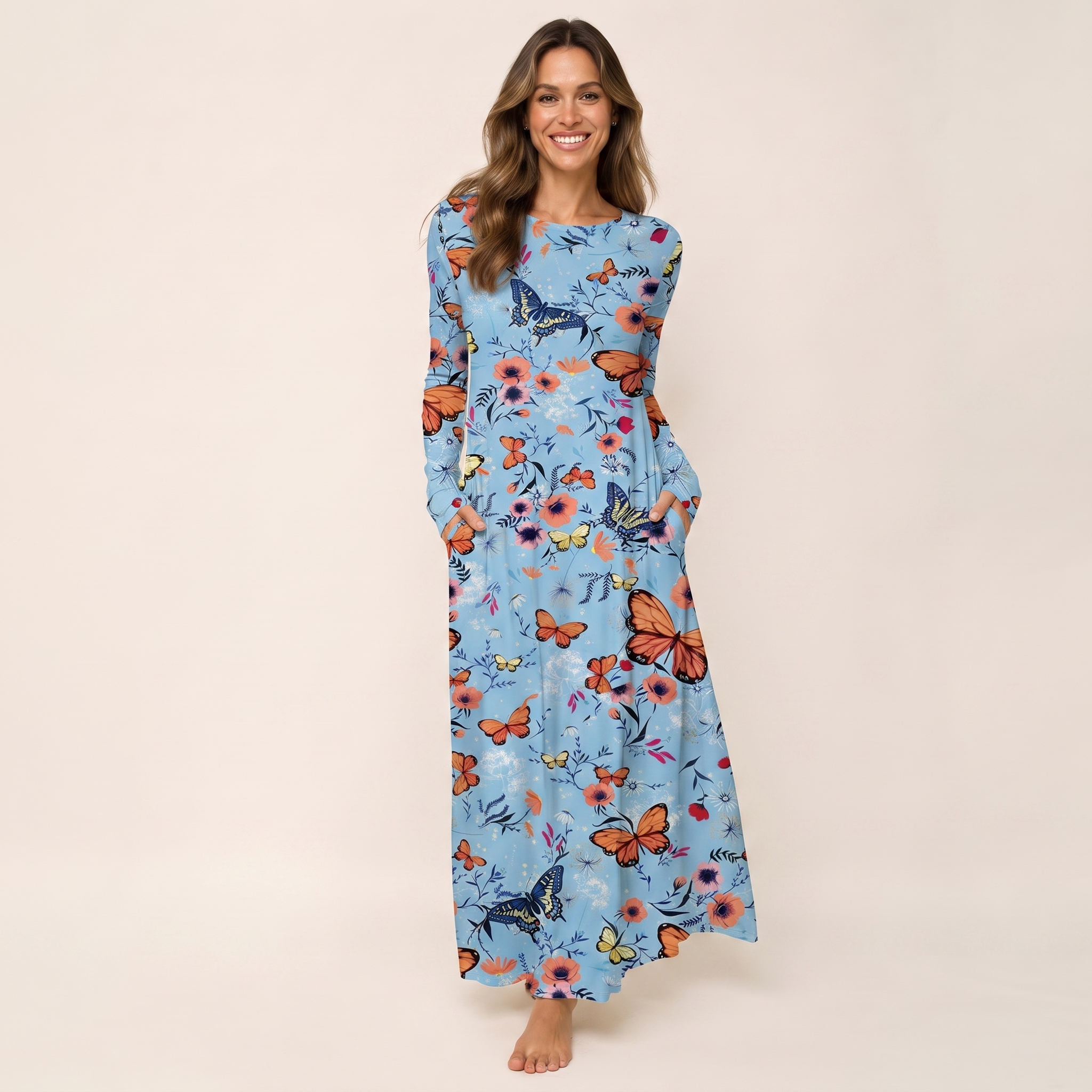 Butterfly Blossom Print Soft-Touch Stretch Knit Long Sleeve Maxi Dress with Pockets