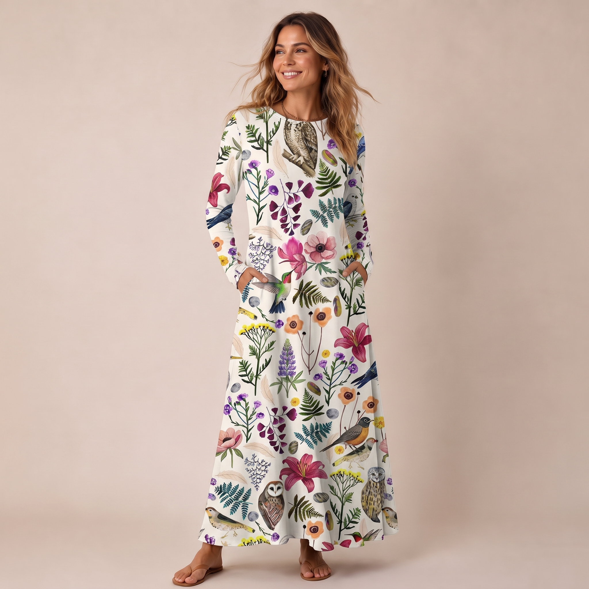 Whimsical Woodland Birds Wildflowers Print Soft-Touch Stretch Knit Long Sleeve Maxi Dress with Pockets