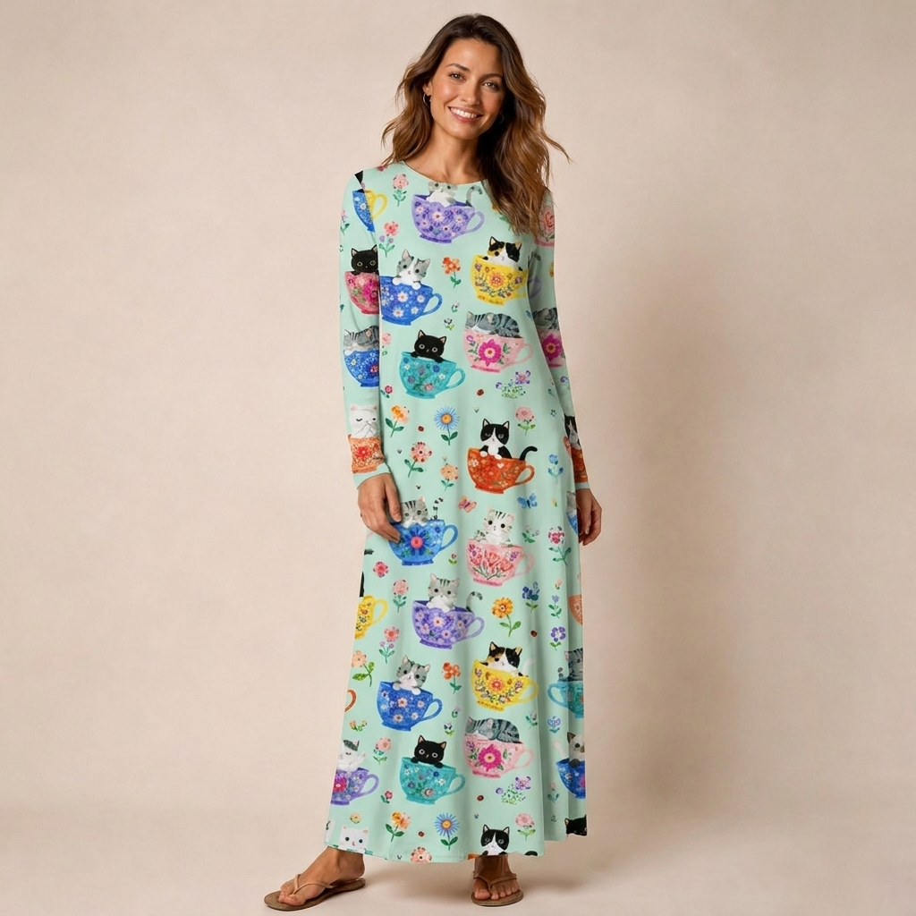 Cute Teacup Kitten Print Soft-Touch Stretch Knit Long Sleeve Maxi Dress with Pockets