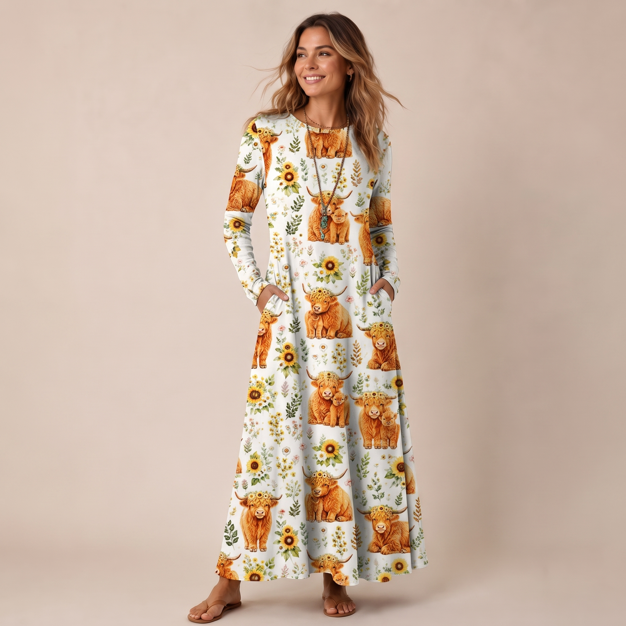 Spring Highland Cow Floral Print Soft-Touch Stretch Knit Long Sleeve Maxi Dress with Pockets