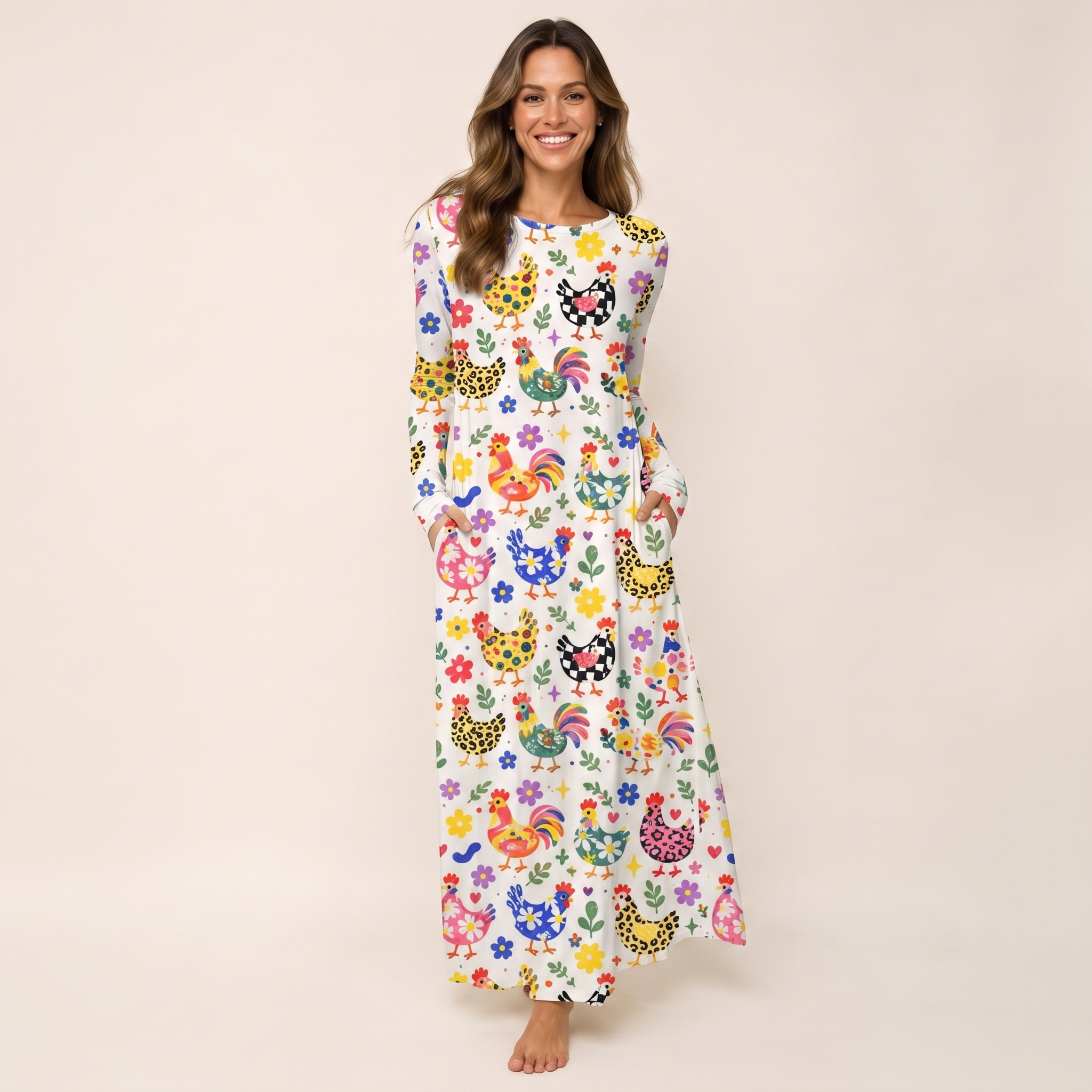Funky Retro Chicken Print Soft-Touch Stretch Knit Long Sleeve Maxi Dress with Pockets