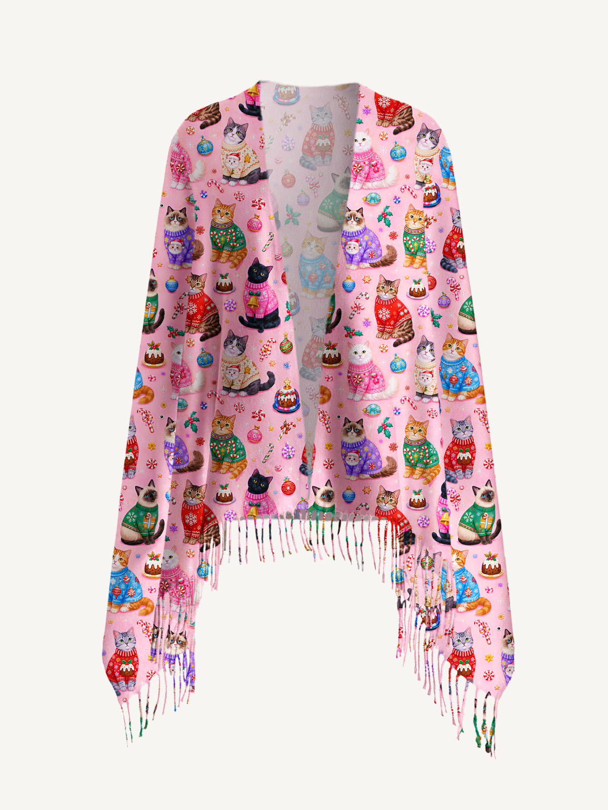 Christmas Sweater Cats Holiday Print Cozy Fringed Scarf