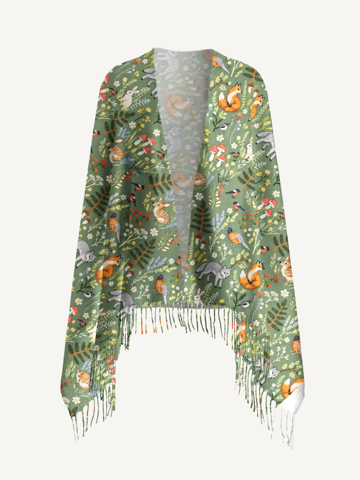Whimsical Woodland Animals Print Cozy Fringed Scarf