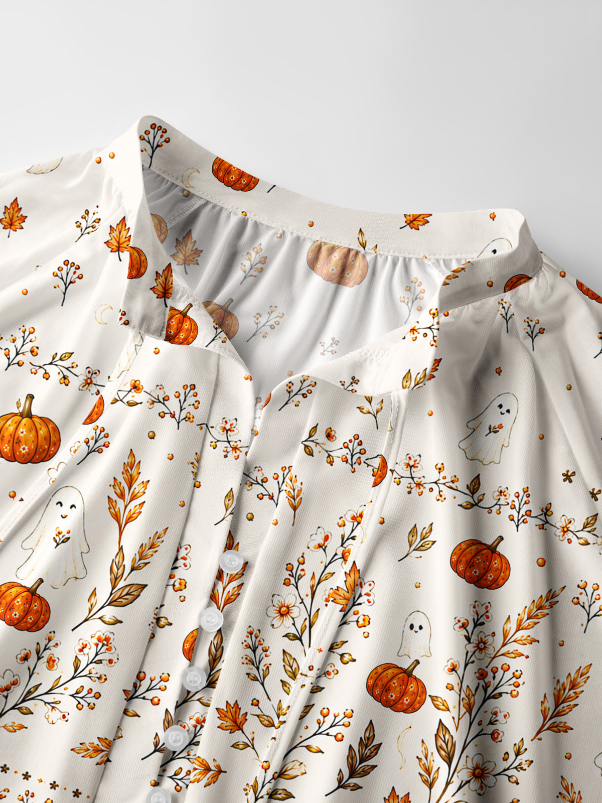 Pumpkin Ghost Cottage Print Boho Long Sleeve Tie‑Neck Blouse