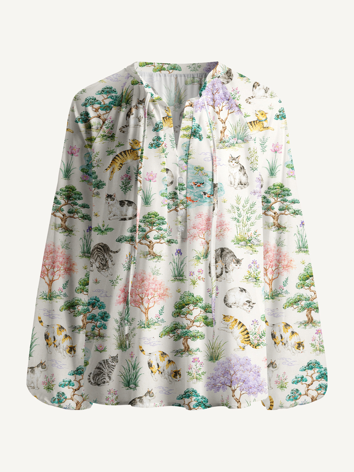 Cats in a Tranquil Garden Pond Scene Print Boho Long Sleeve Tie‑Neck Blouse