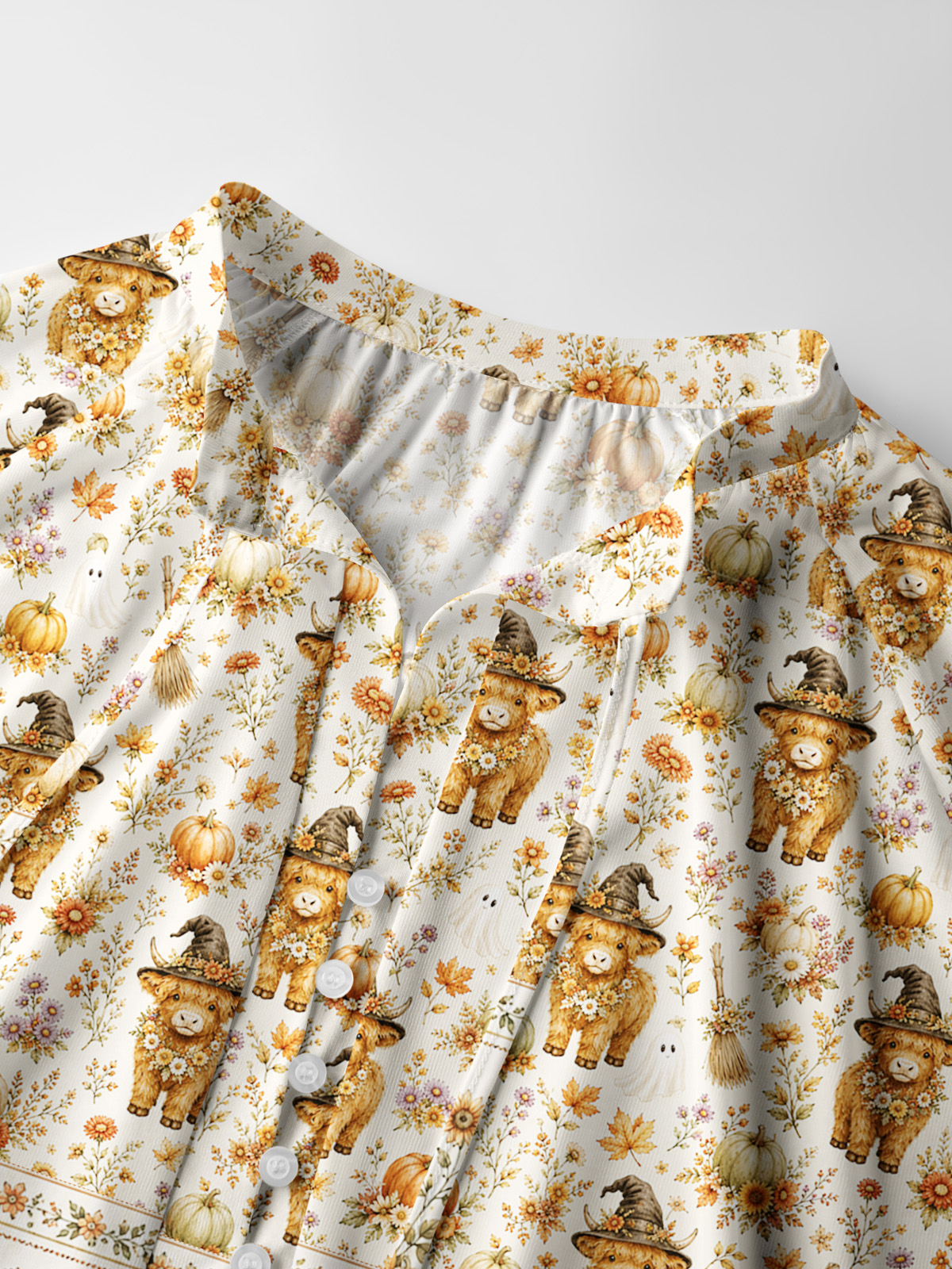 Autumn Pumpkin Patch Highland Cow Print Boho Long Sleeve Tie‑Neck Blouse