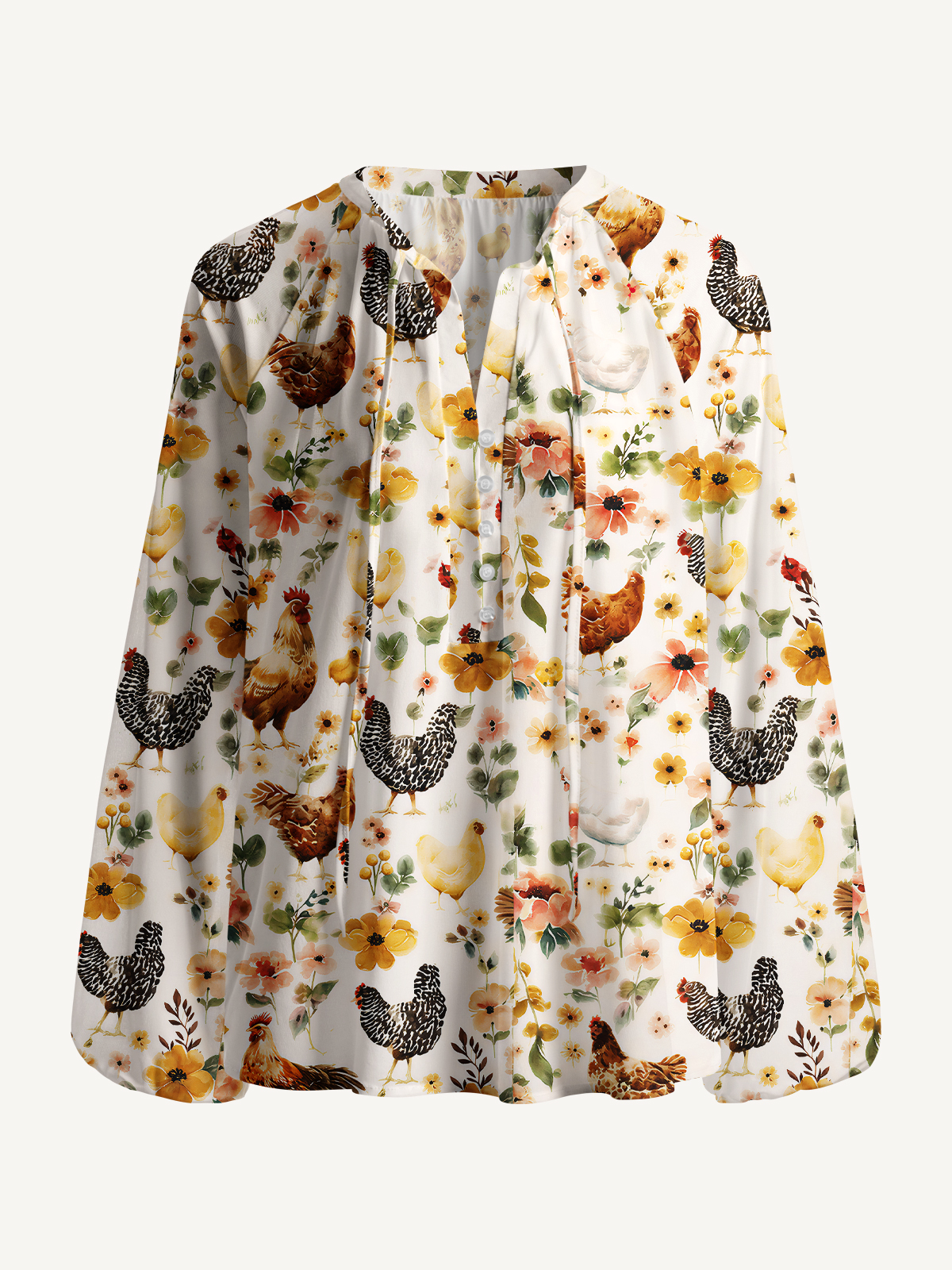 Watercolor Chicken Floral Print Boho Long Sleeve Tie‑Neck Blouse