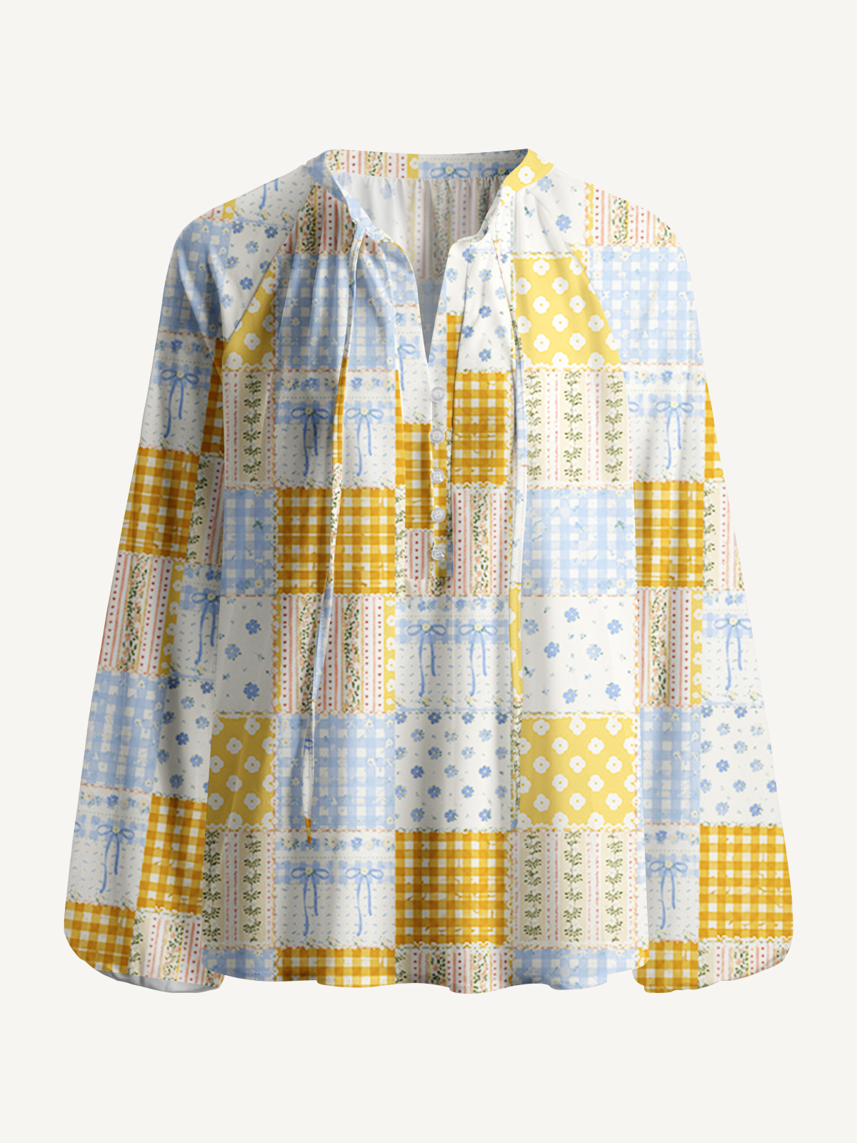 Pastel Floral Patchwork Quilt Pattern Print Boho Long Sleeve Tie‑Neck Blouse