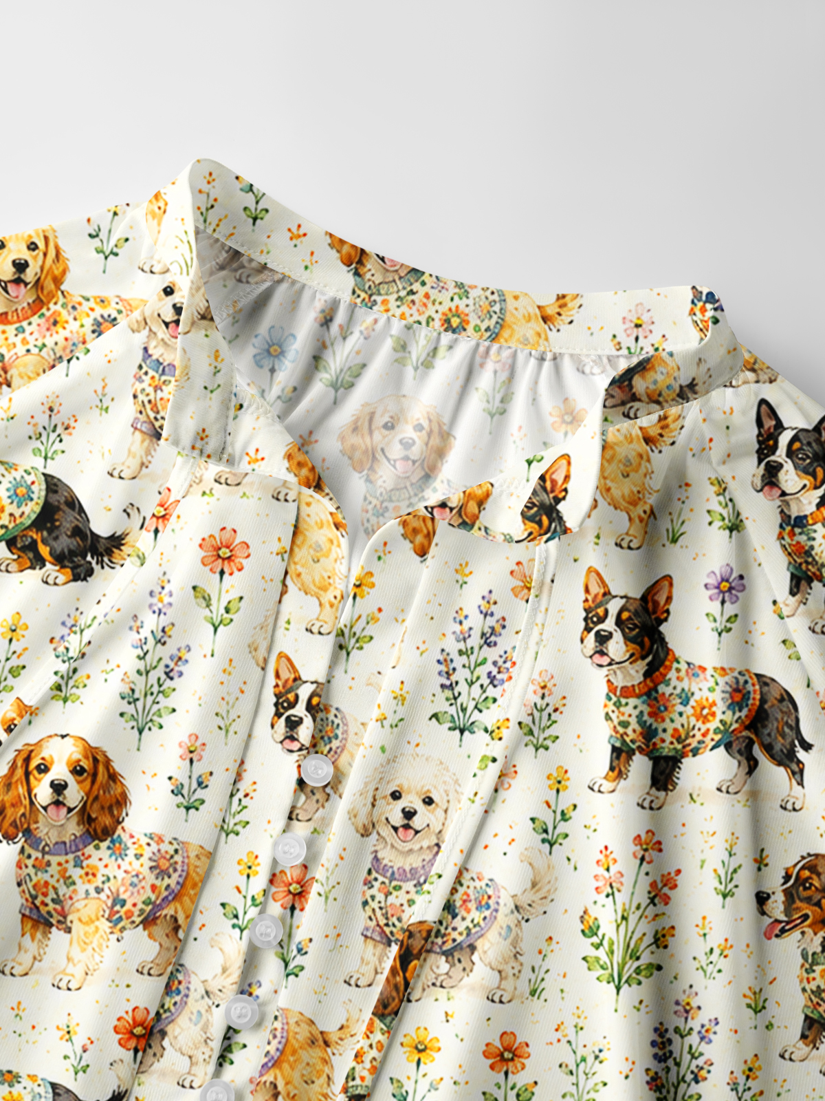 Cute Dog Garden Print Boho Long Sleeve Tie‑Neck Blouse