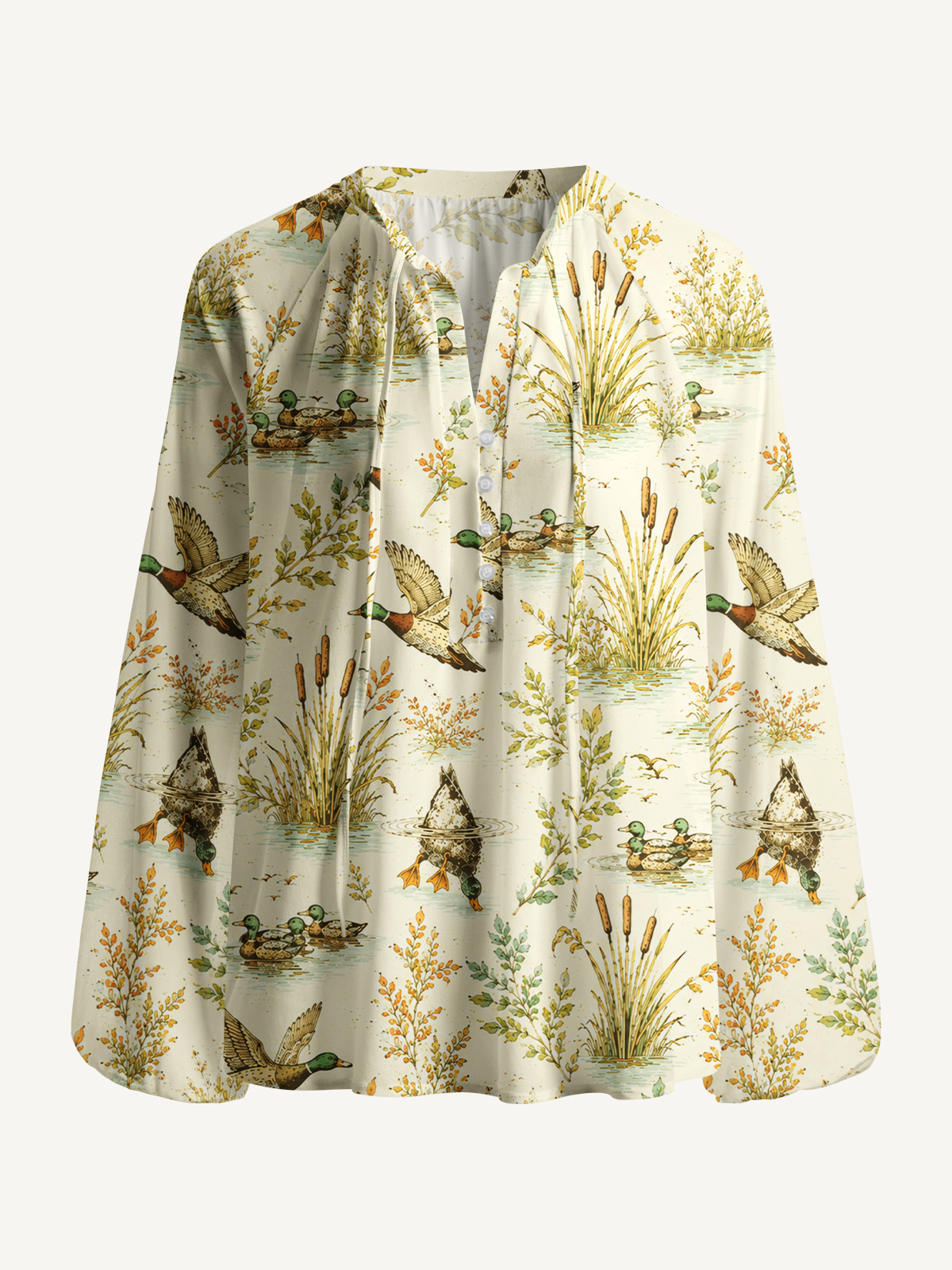 Duck Hunting Marsh Print Boho Long Sleeve Tie‑Neck Blouse