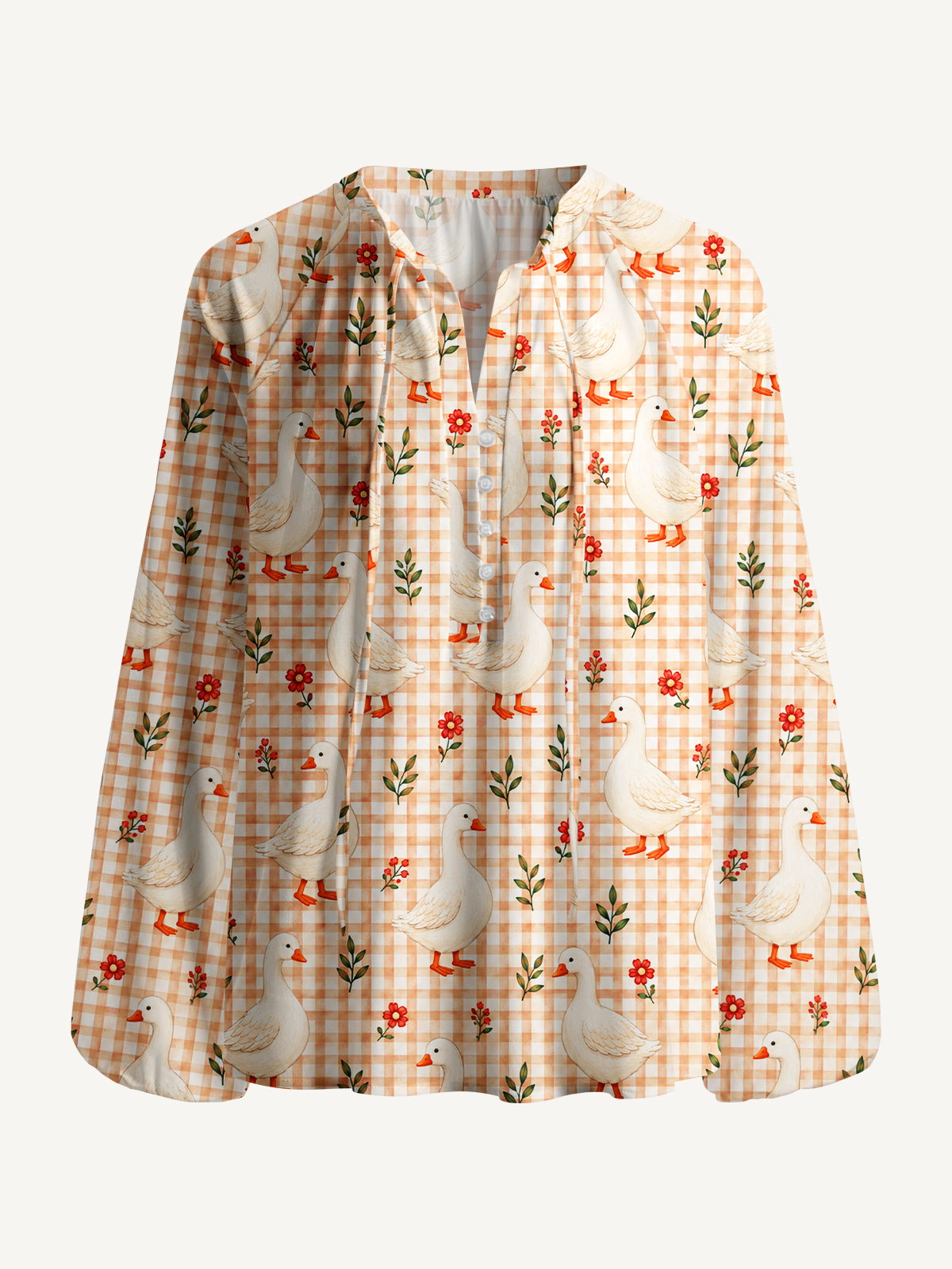 Country Gingham Garden GeesePrint Boho Long Sleeve Tie‑Neck Blouse