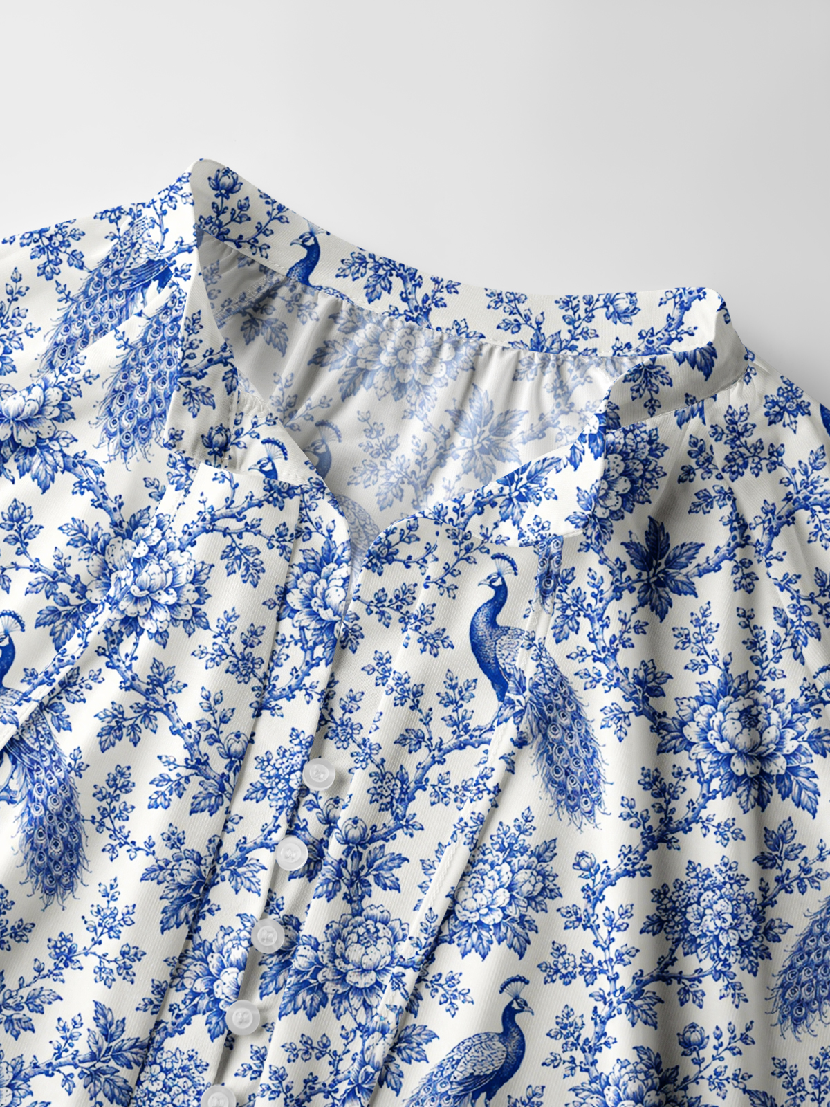 Blue Chinoiserie Peacock and Bloom Toile Print Boho Long Sleeve Tie‑Neck Blouse