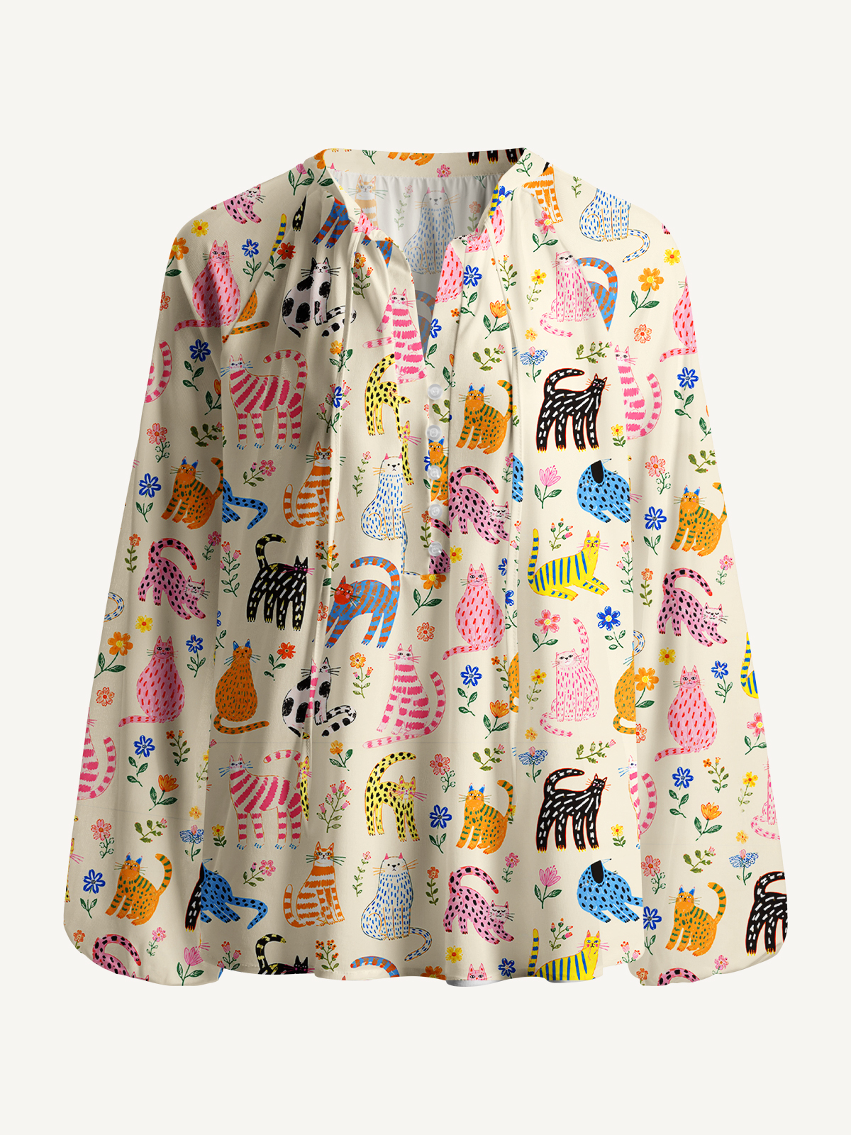 Colorful Whimsical Garden Cats Pattern Print Boho Long Sleeve Tie‑Neck Blouse